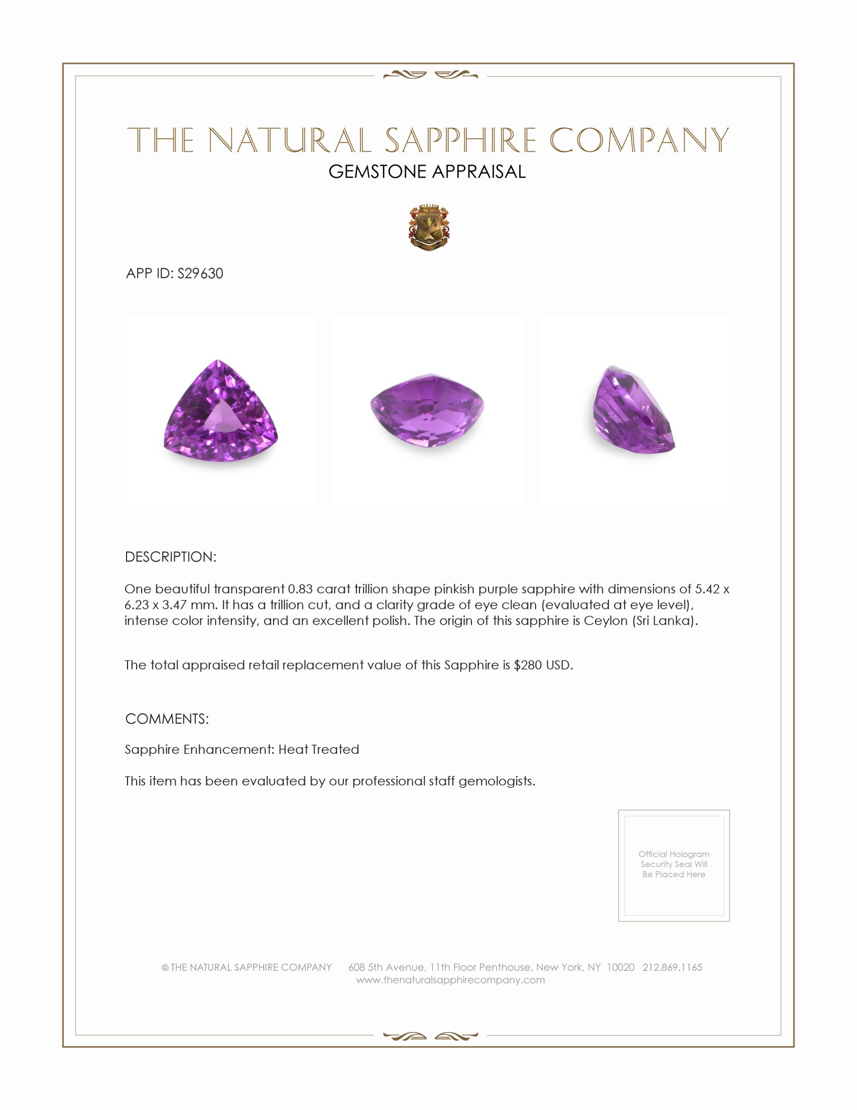 0.83 Ct. Pinkish Purple Sapphire from Ceylon (Sri Lanka)