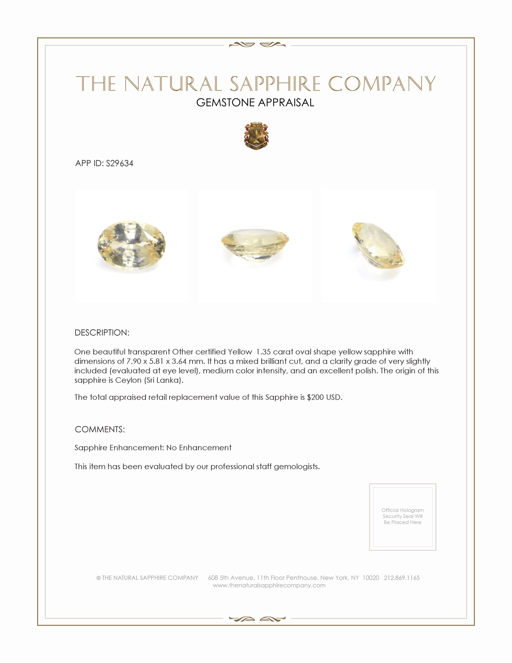 1.35 Ct. Yellow Sapphire from Ceylon (Sri Lanka)