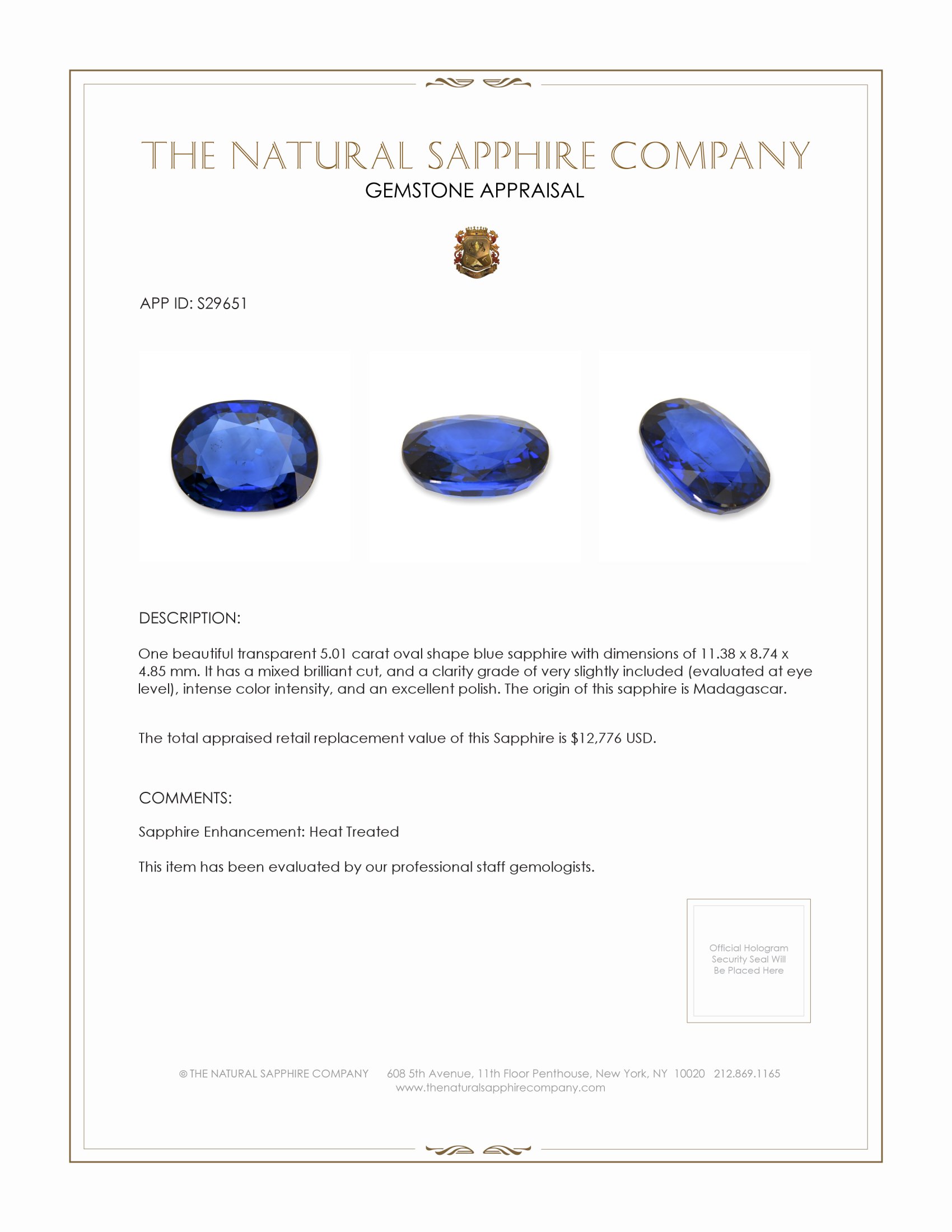 5.01 Ct. Blue Sapphire from Madagascar