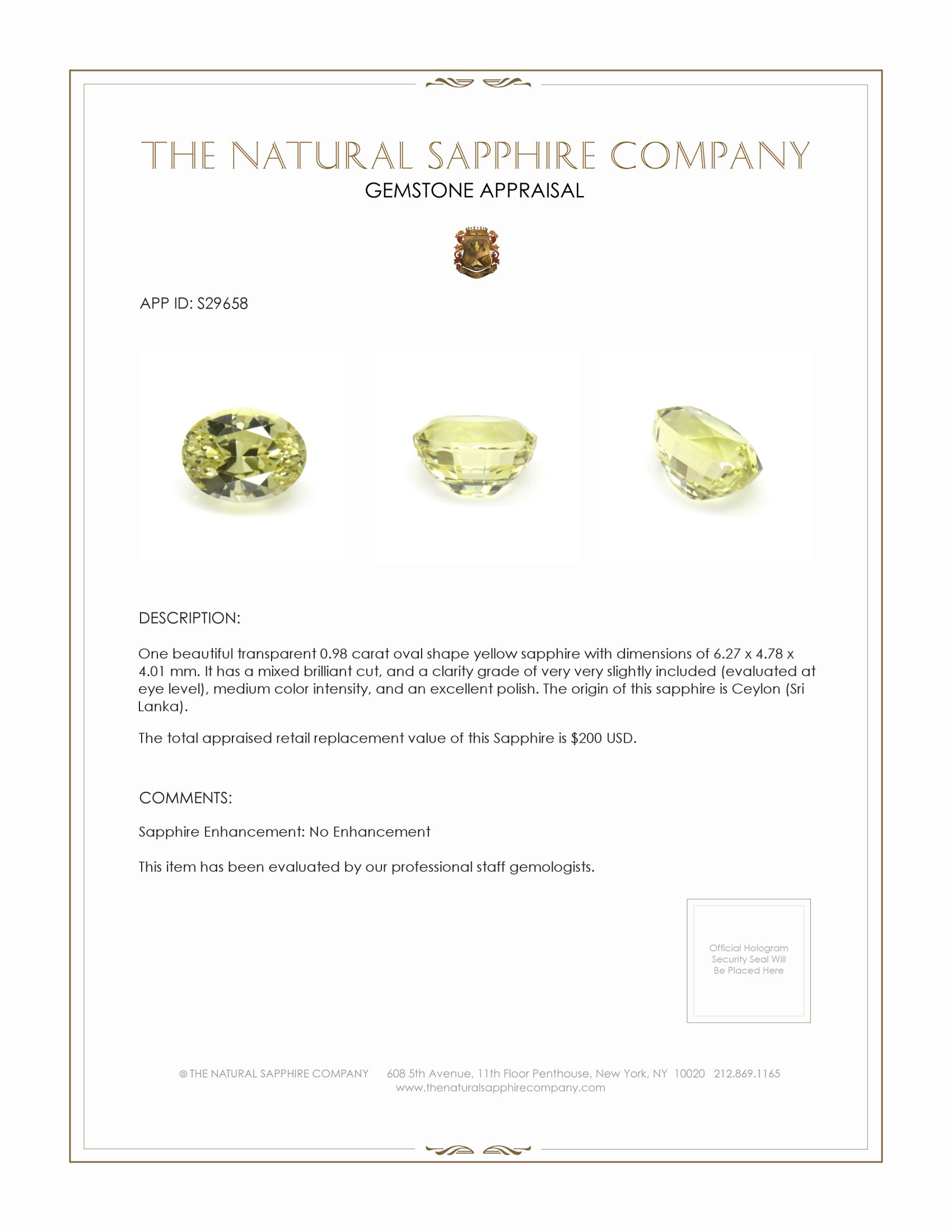 0.98 Ct. Yellow Sapphire from Ceylon (Sri Lanka)