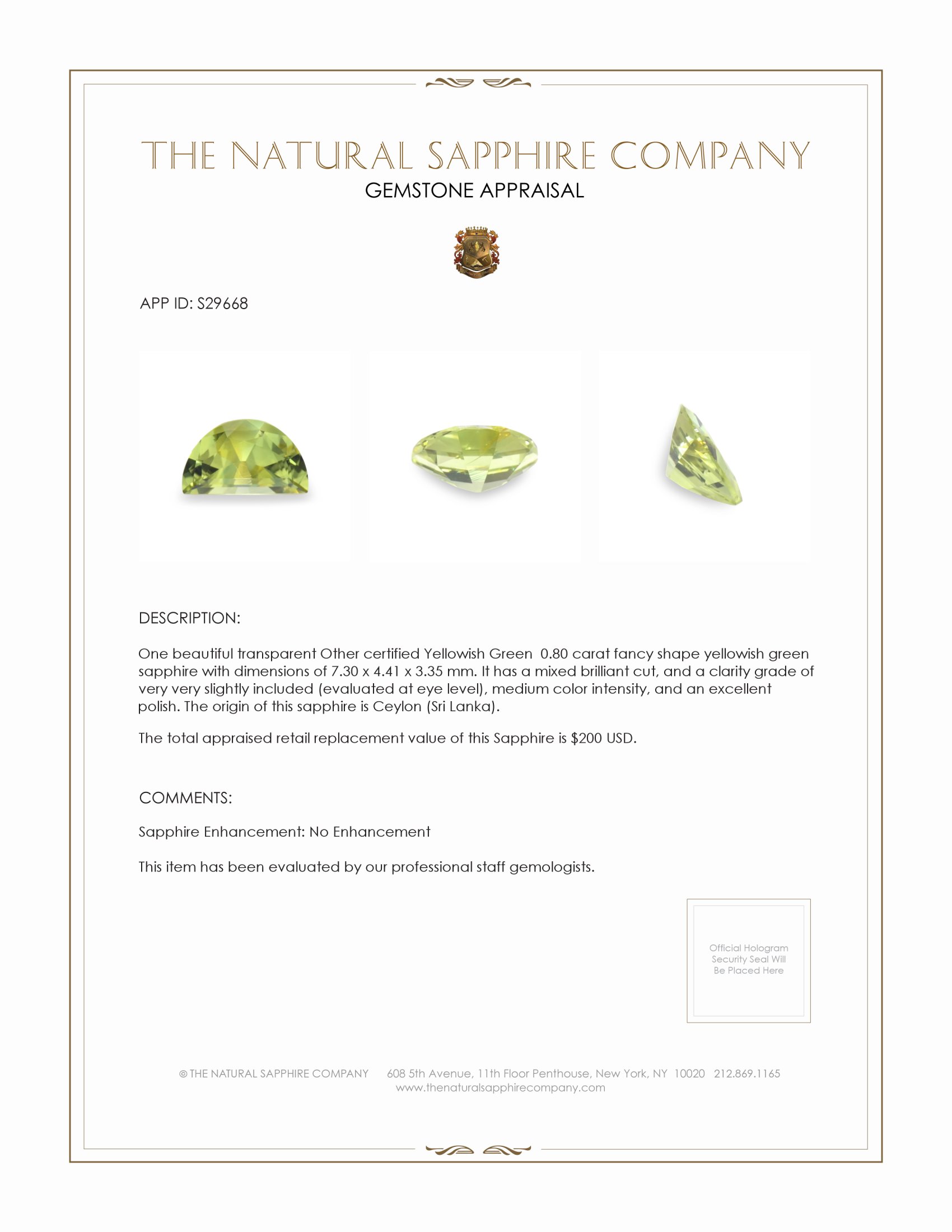 0.80 Ct. Yellowish Green Sapphire from Ceylon (Sri Lanka)