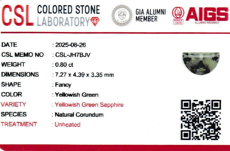 0.80 Ct. Yellowish Green Sapphire from Ceylon (Sri Lanka)