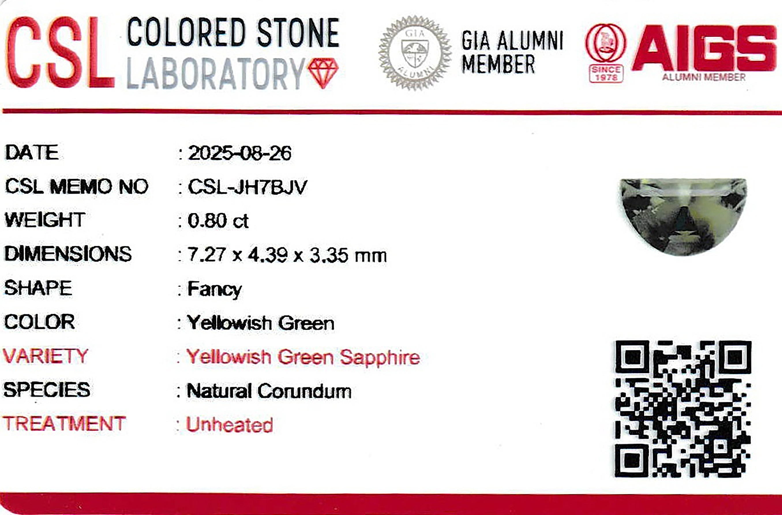 0.80 Ct. Yellowish Green Sapphire from Ceylon (Sri Lanka)