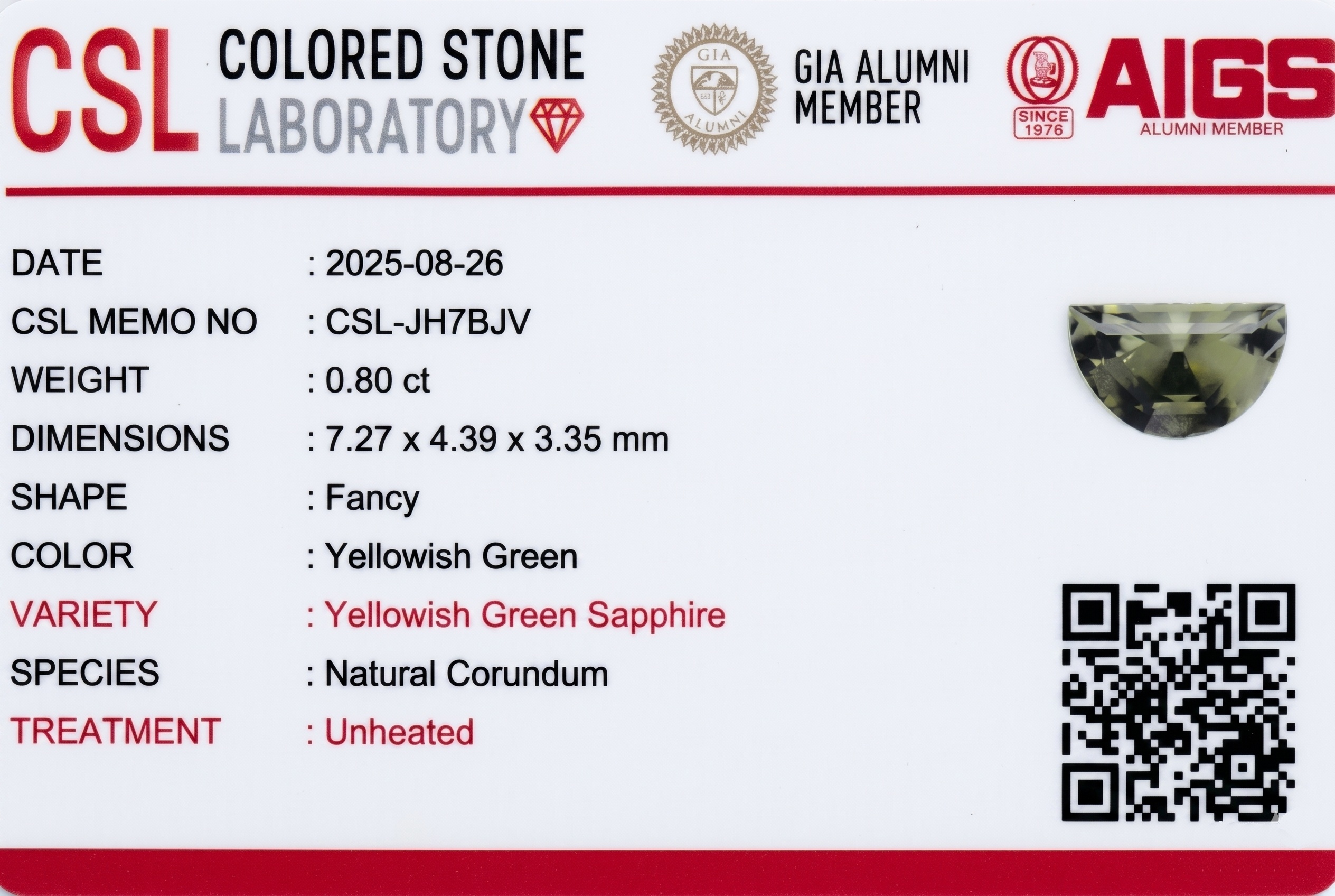 0.80 Ct. Yellowish Green Sapphire from Ceylon (Sri Lanka)