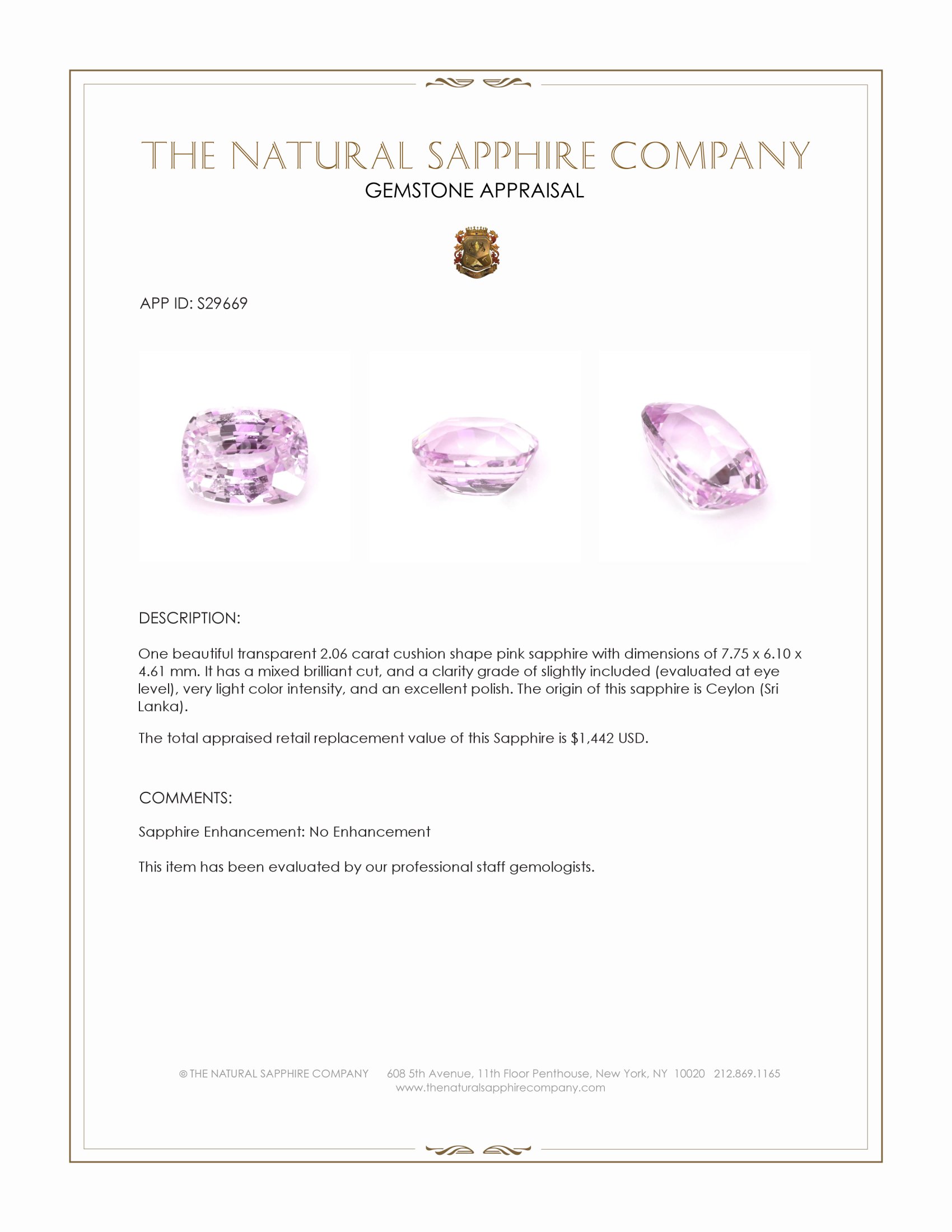 2.06 Ct. Pink Sapphire from Ceylon (Sri Lanka)