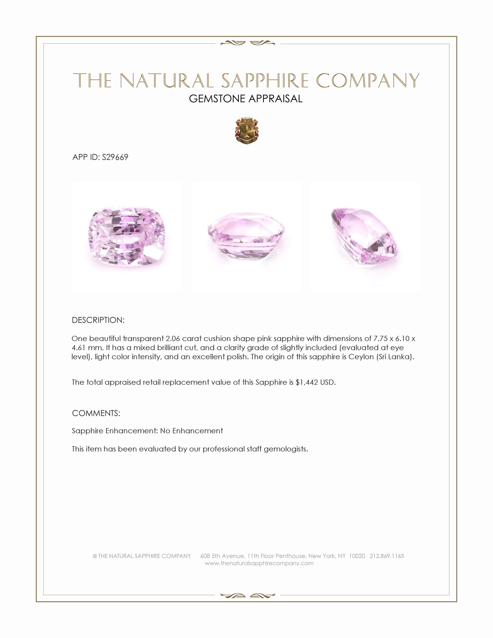 2.06 Ct. Pink Sapphire from Ceylon (Sri Lanka)