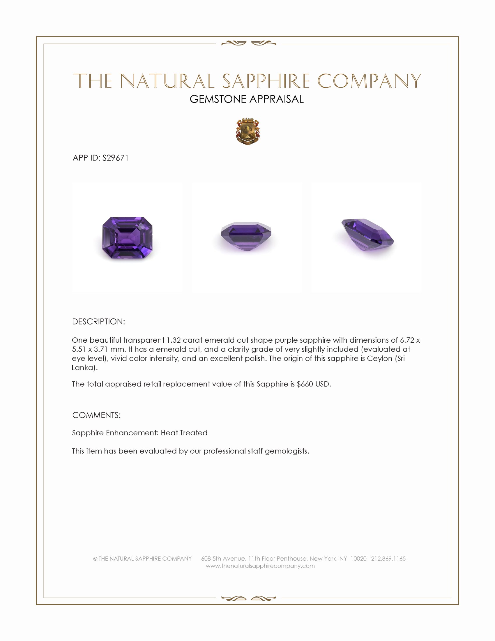 1.32 Ct. Purple Sapphire from Ceylon (Sri Lanka)