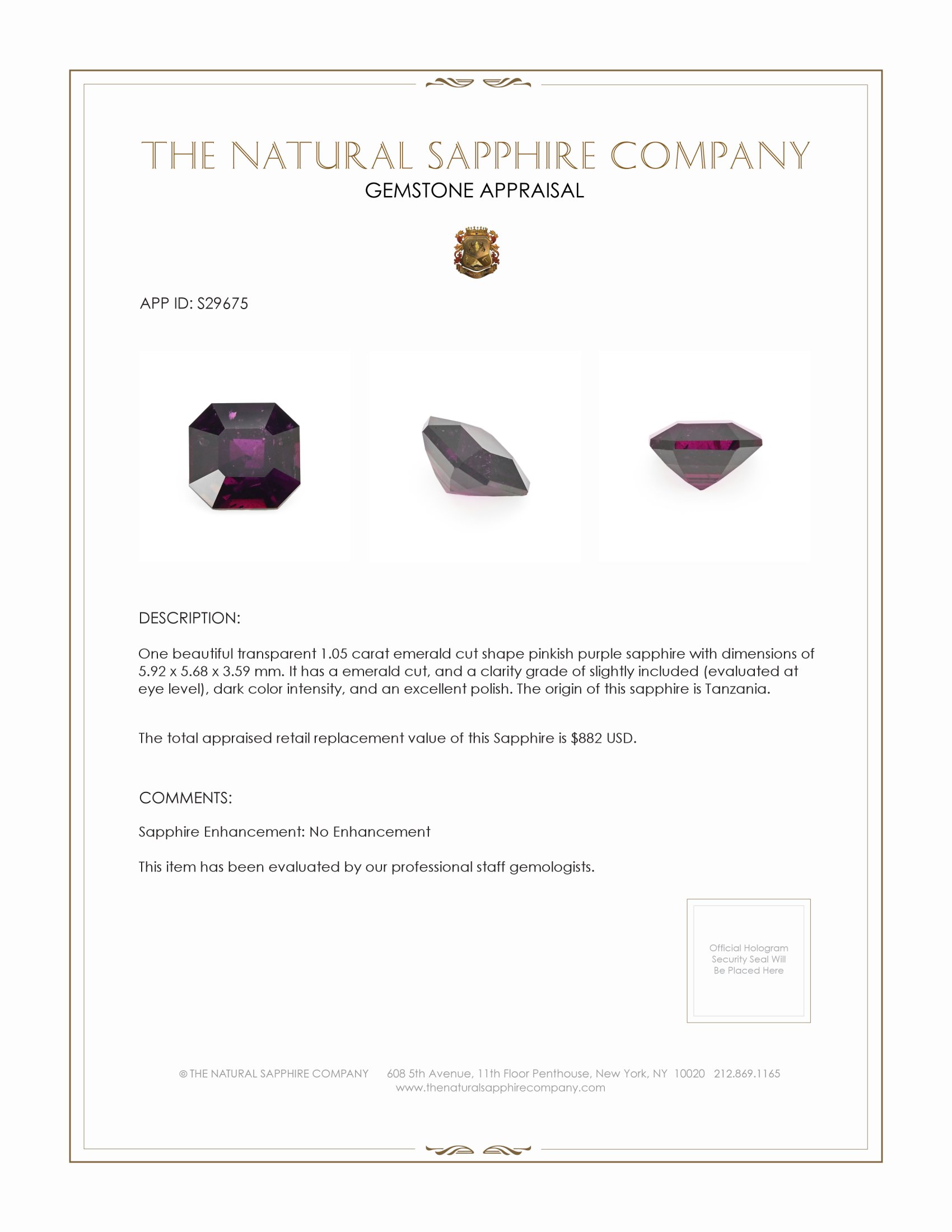 1.05 Ct. Pinkish Purple Sapphire from Tanzania