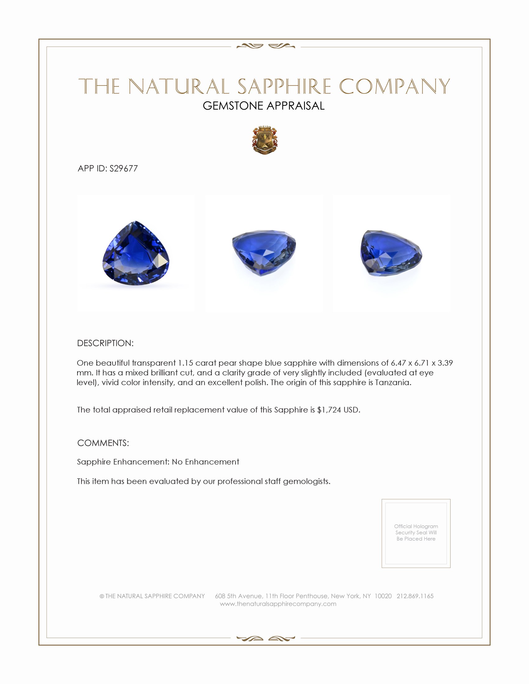 1.15 Ct. Blue Sapphire from Tanzania