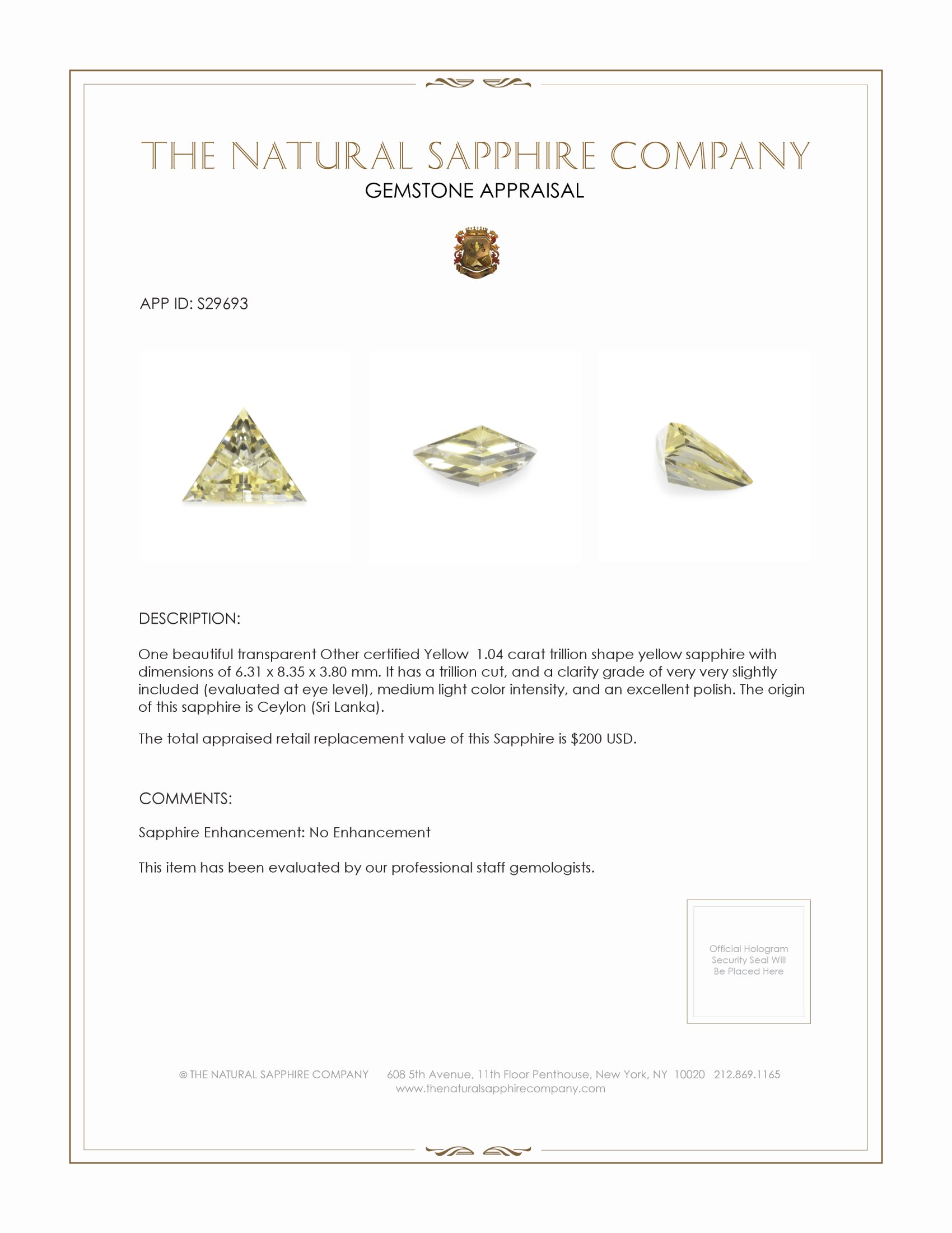 1.04 Ct. Yellow Sapphire from Ceylon (Sri Lanka)