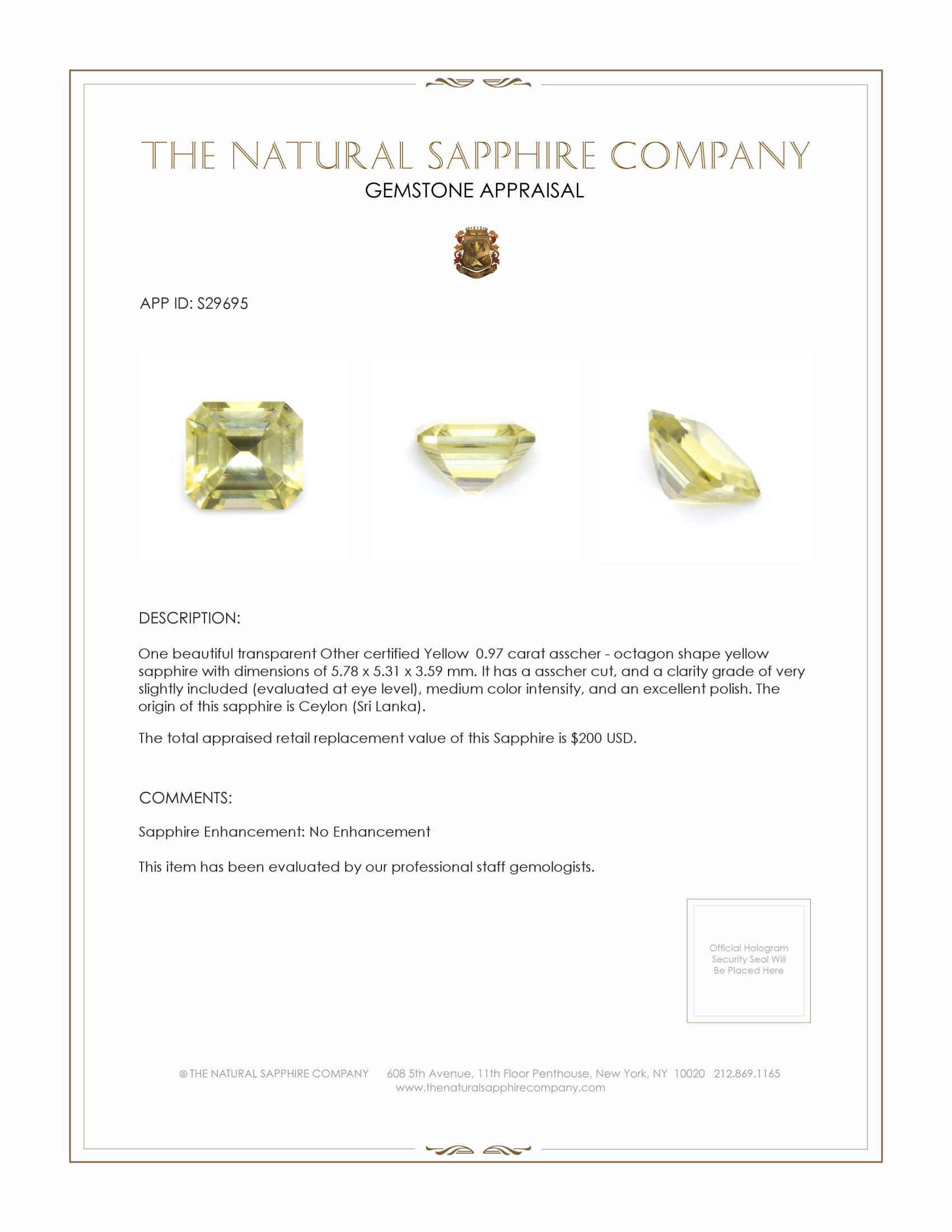 0.97 Ct. Yellow Sapphire from Ceylon (Sri Lanka)