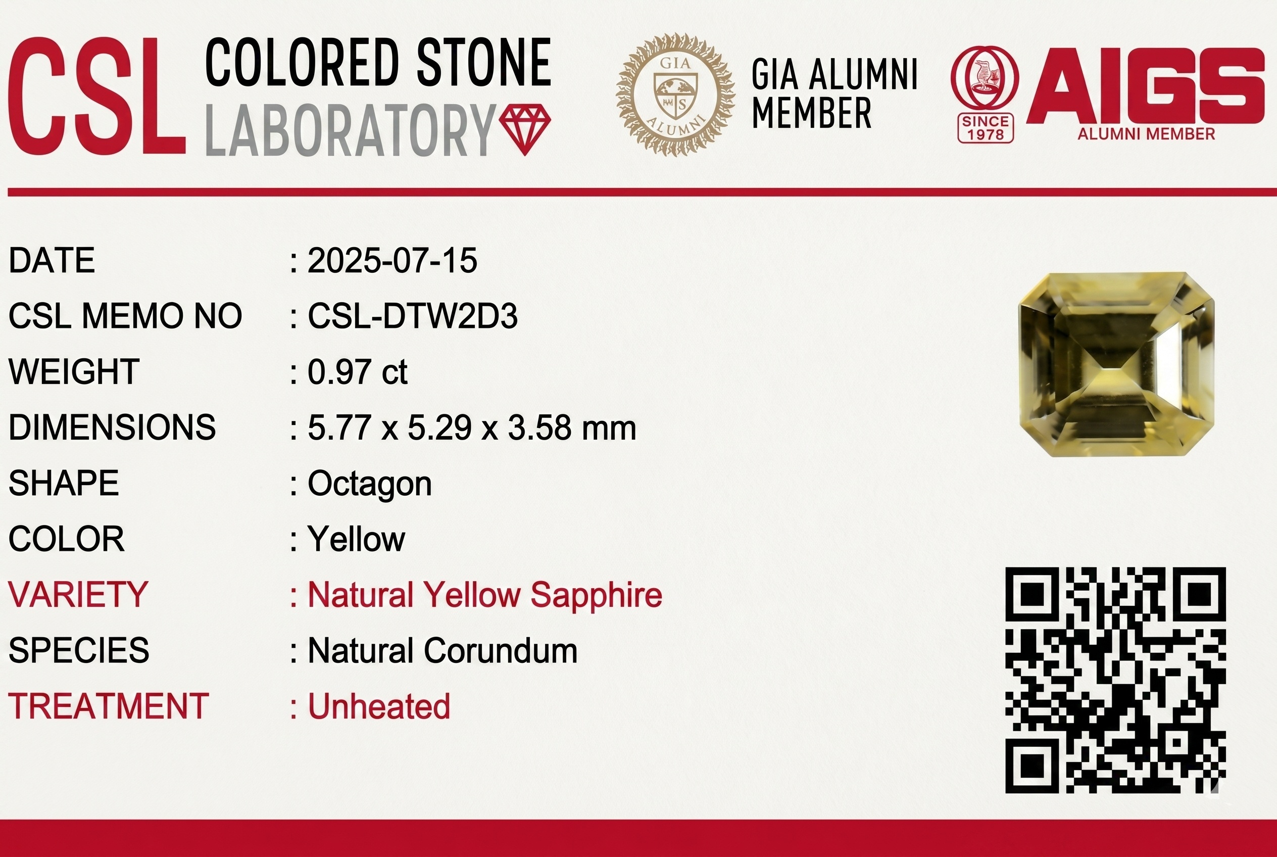 0.97 Ct. Yellow Sapphire from Ceylon (Sri Lanka)