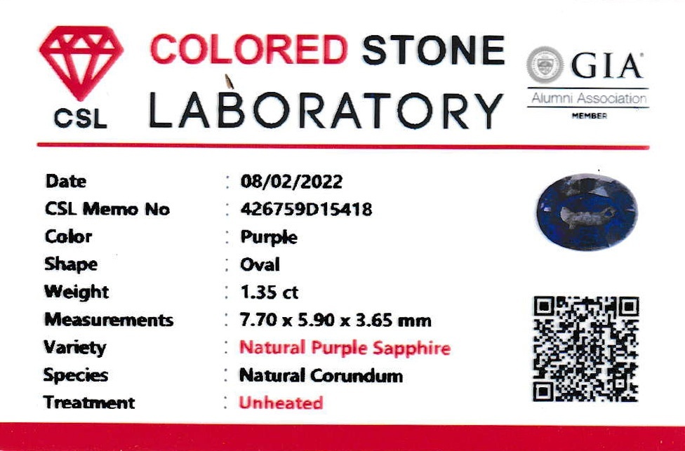 1.35 Ct. Purple Sapphire from Ceylon (Sri Lanka)