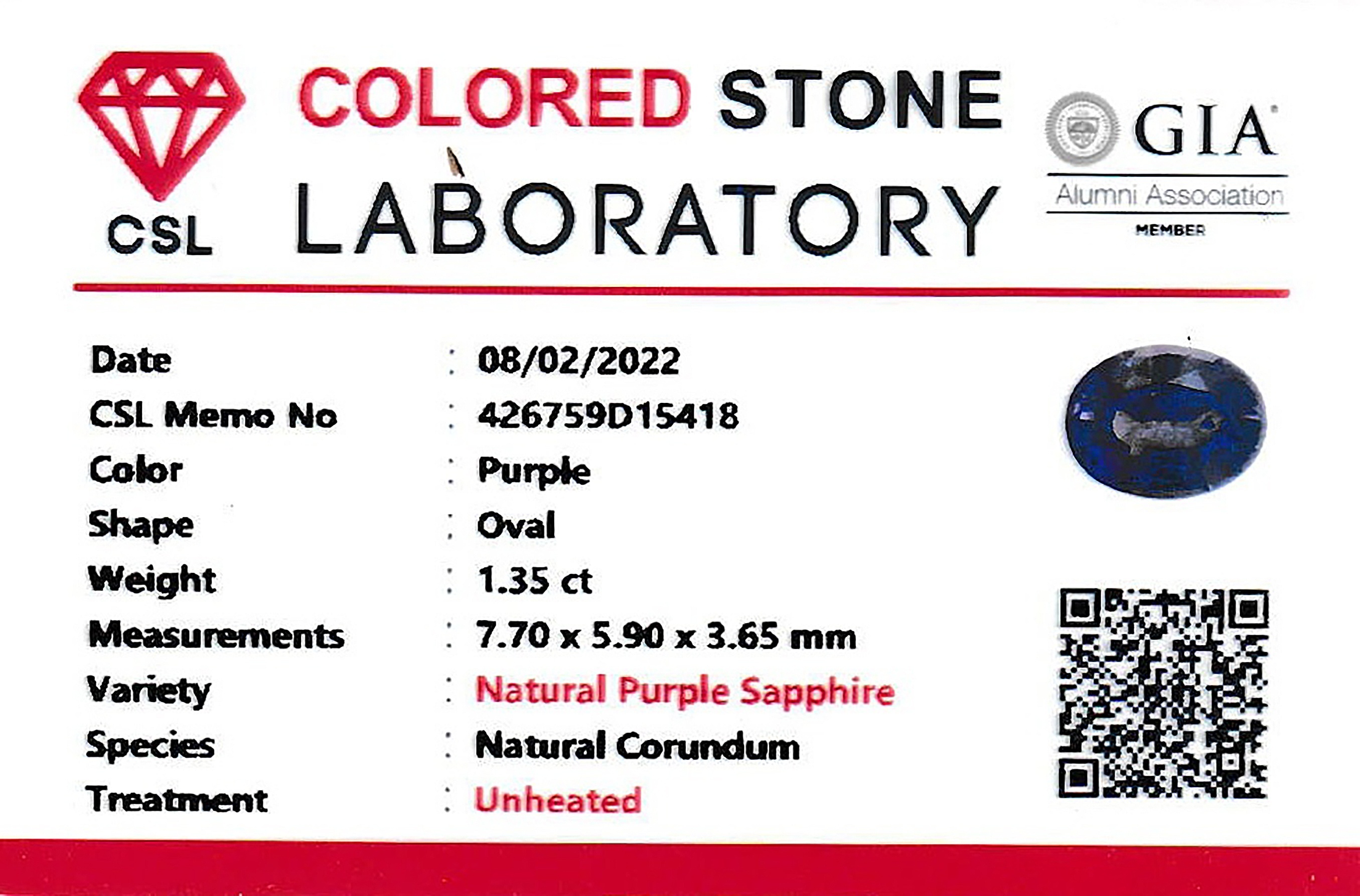 1.35 Ct. Purple Sapphire from Ceylon (Sri Lanka)