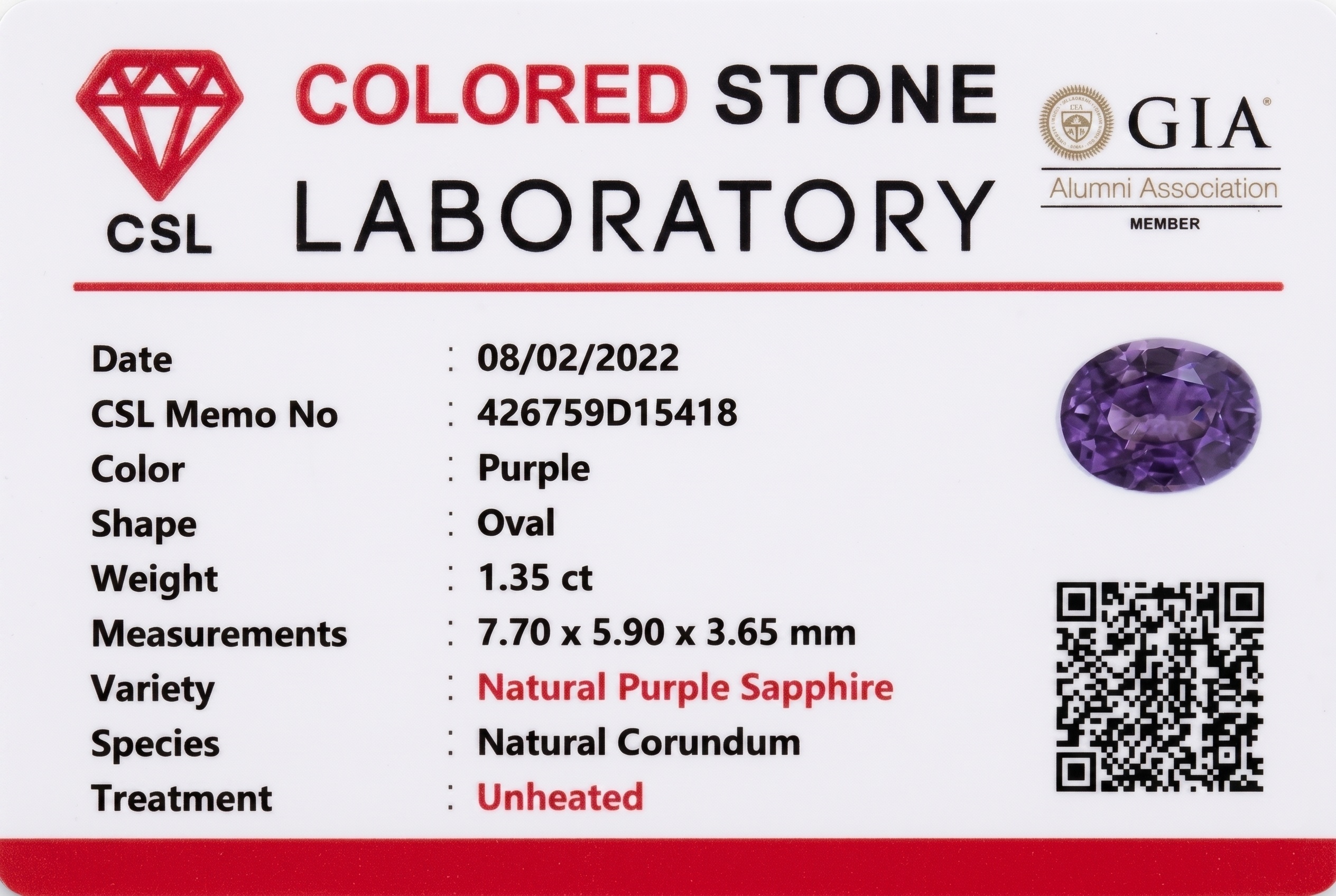 1.35 Ct. Purple Sapphire from Ceylon (Sri Lanka)