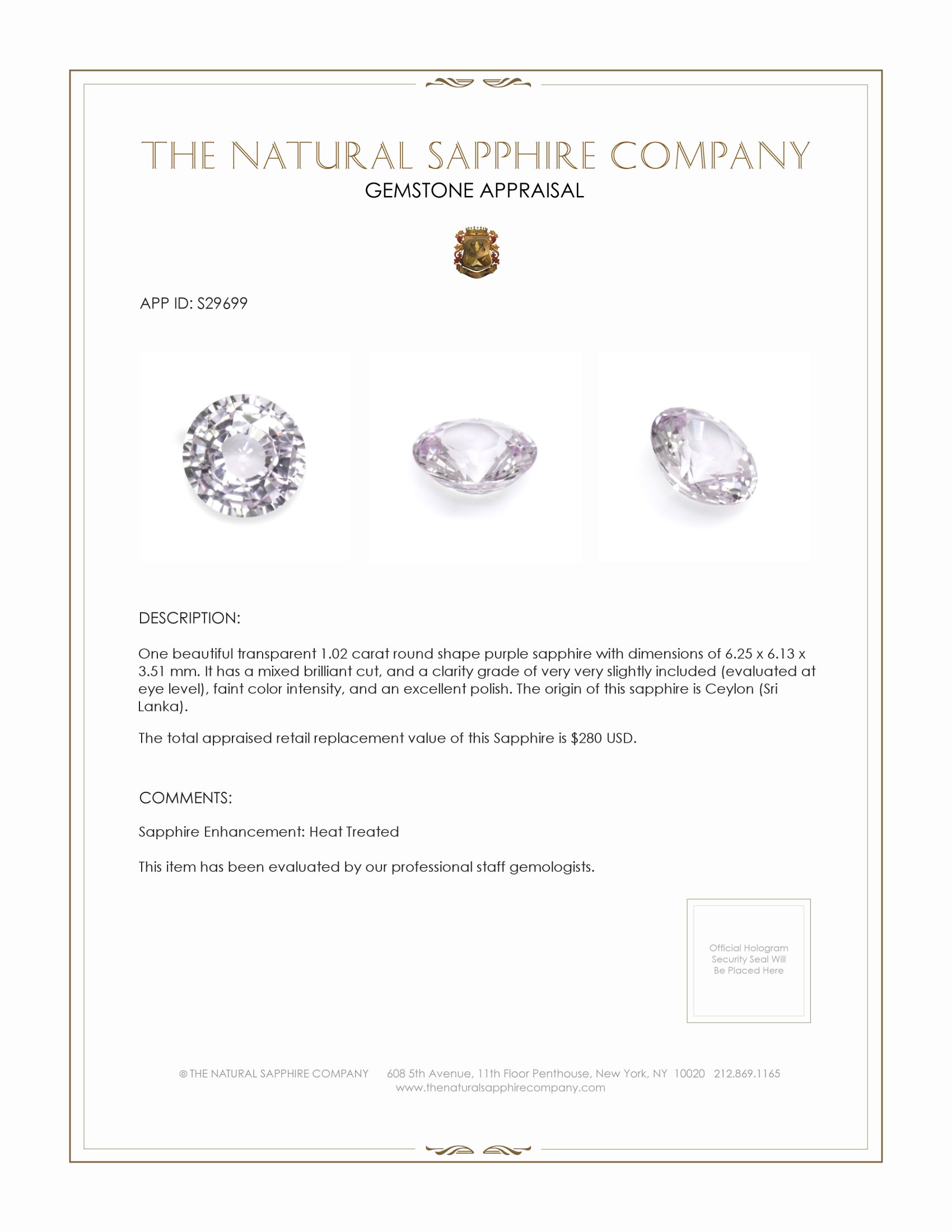 1.02 Ct. Purple Sapphire from Ceylon (Sri Lanka)