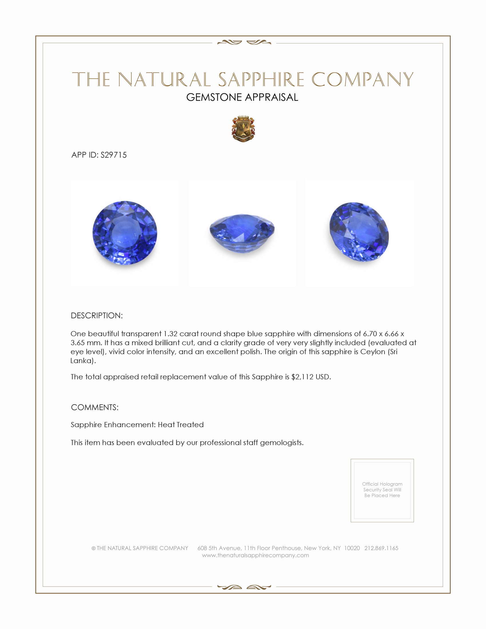 1.32 Ct. Blue Sapphire from Ceylon (Sri Lanka)