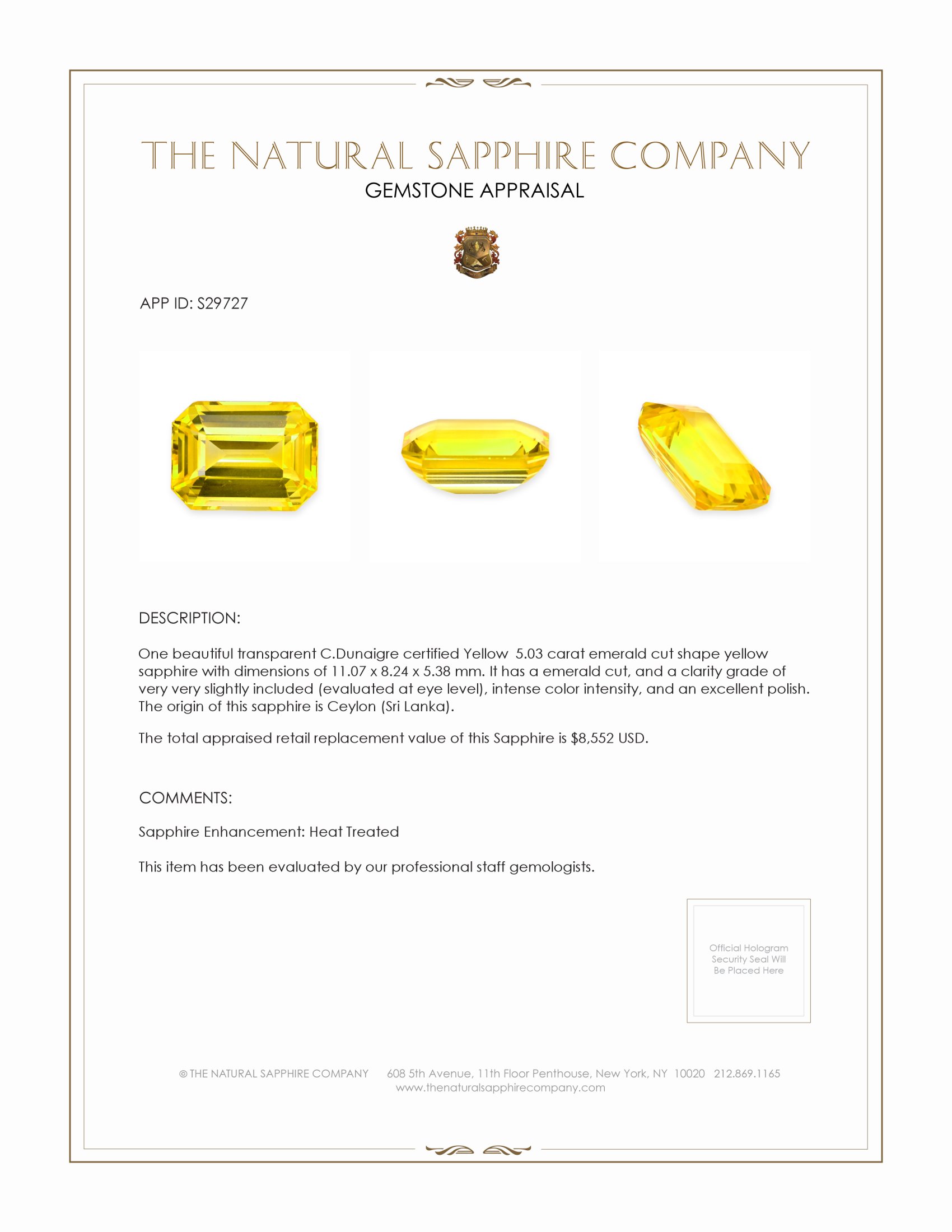 5.03 Ct. Yellow Sapphire from Ceylon (Sri Lanka)