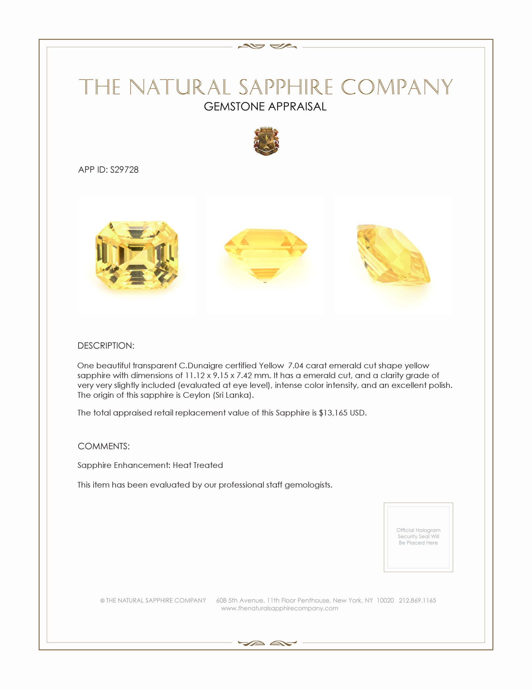 7.04 Ct. Yellow Sapphire from Ceylon (Sri Lanka)