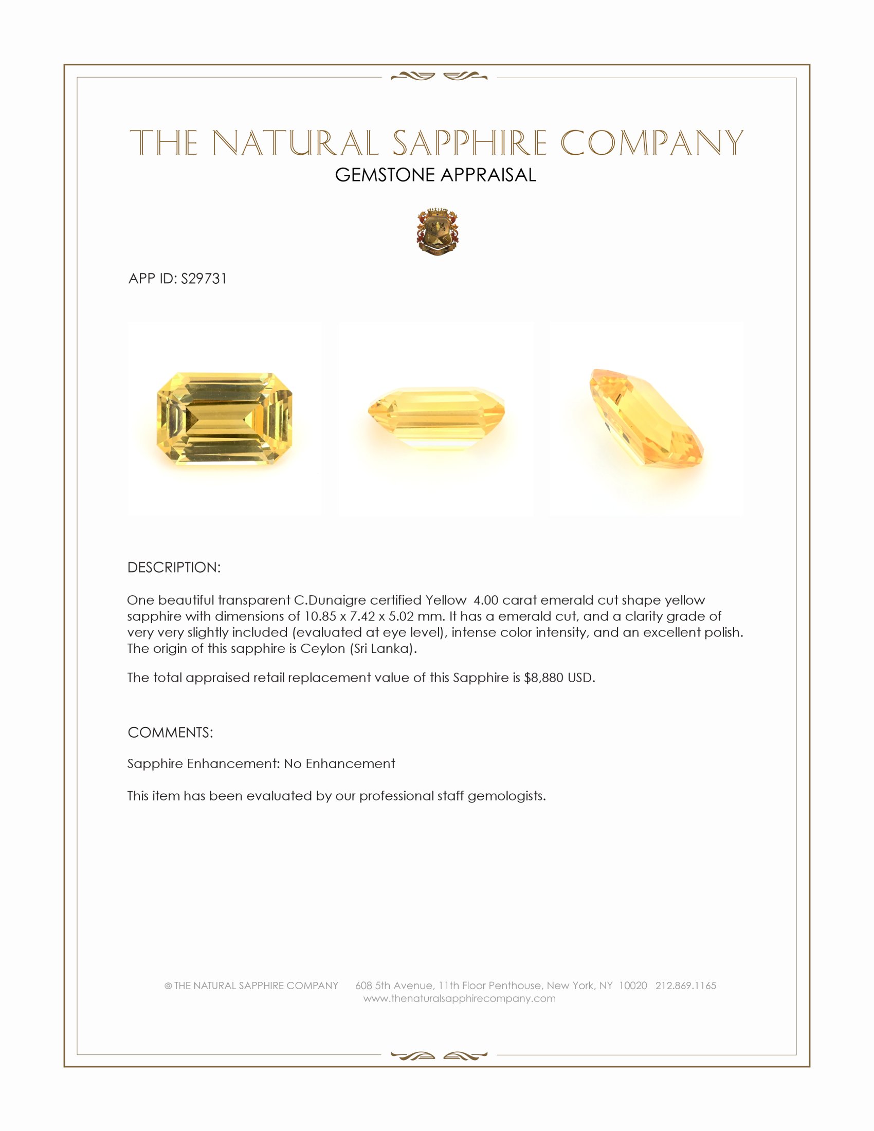 4.00 Ct. Yellow Sapphire from Ceylon (Sri Lanka)