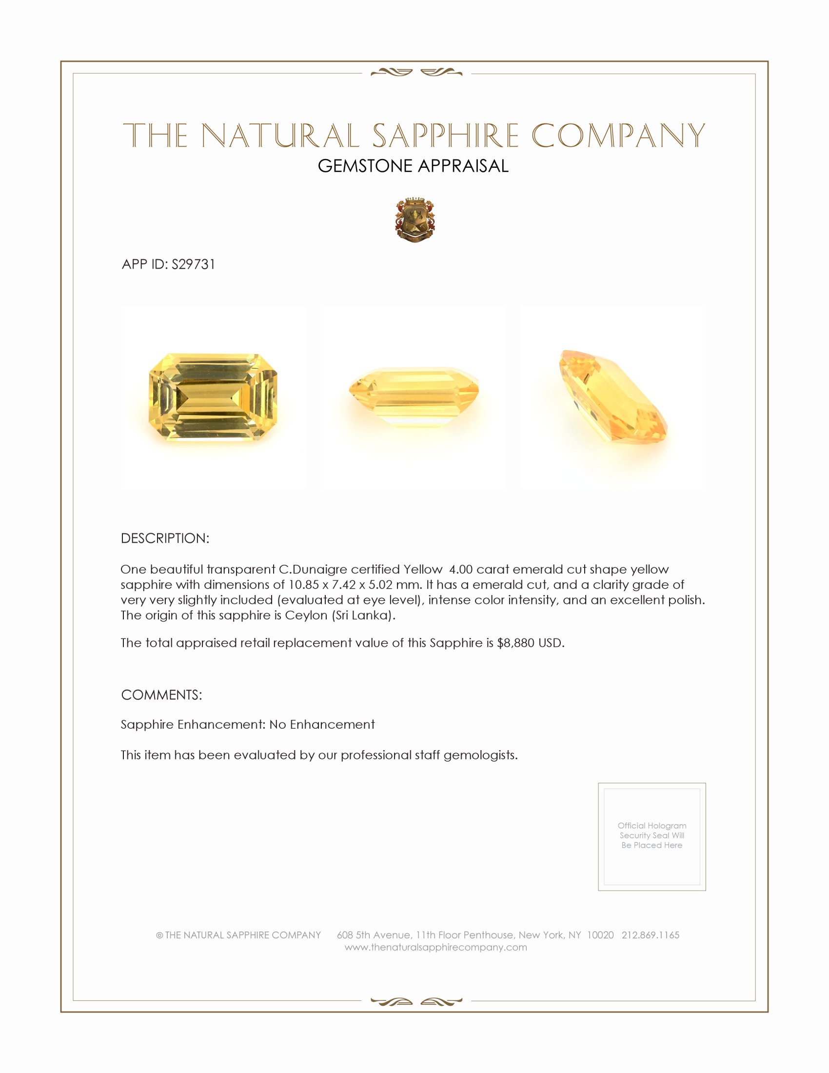 4.00 Ct. Yellow Sapphire from Ceylon (Sri Lanka)