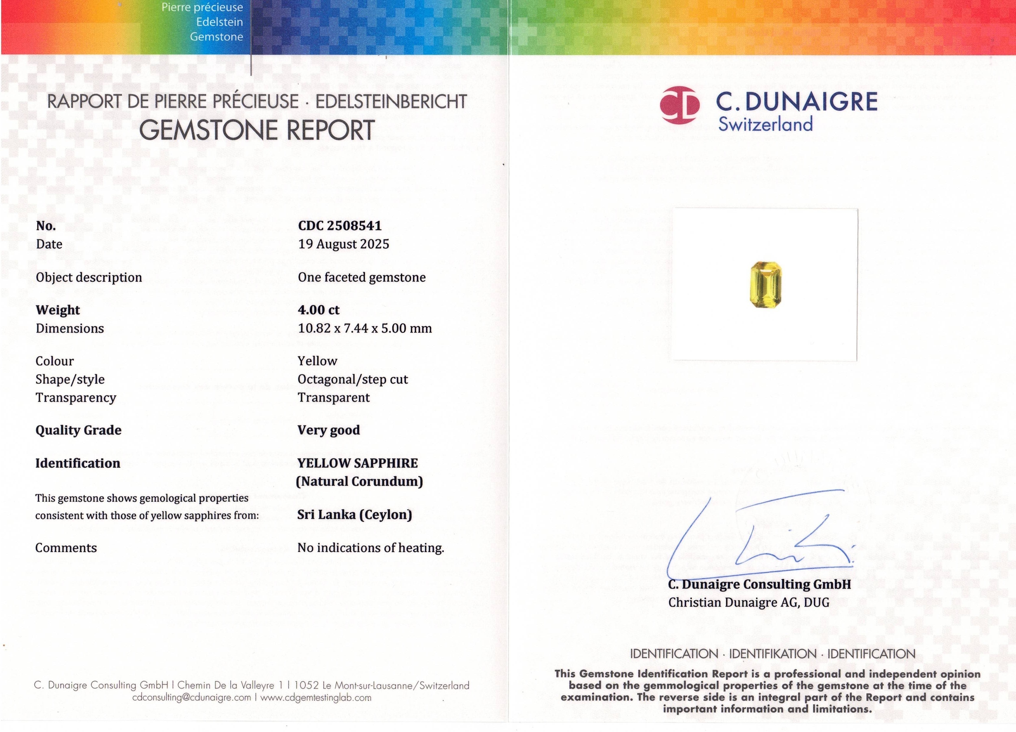 4.00 Ct. Yellow Sapphire from Ceylon (Sri Lanka)