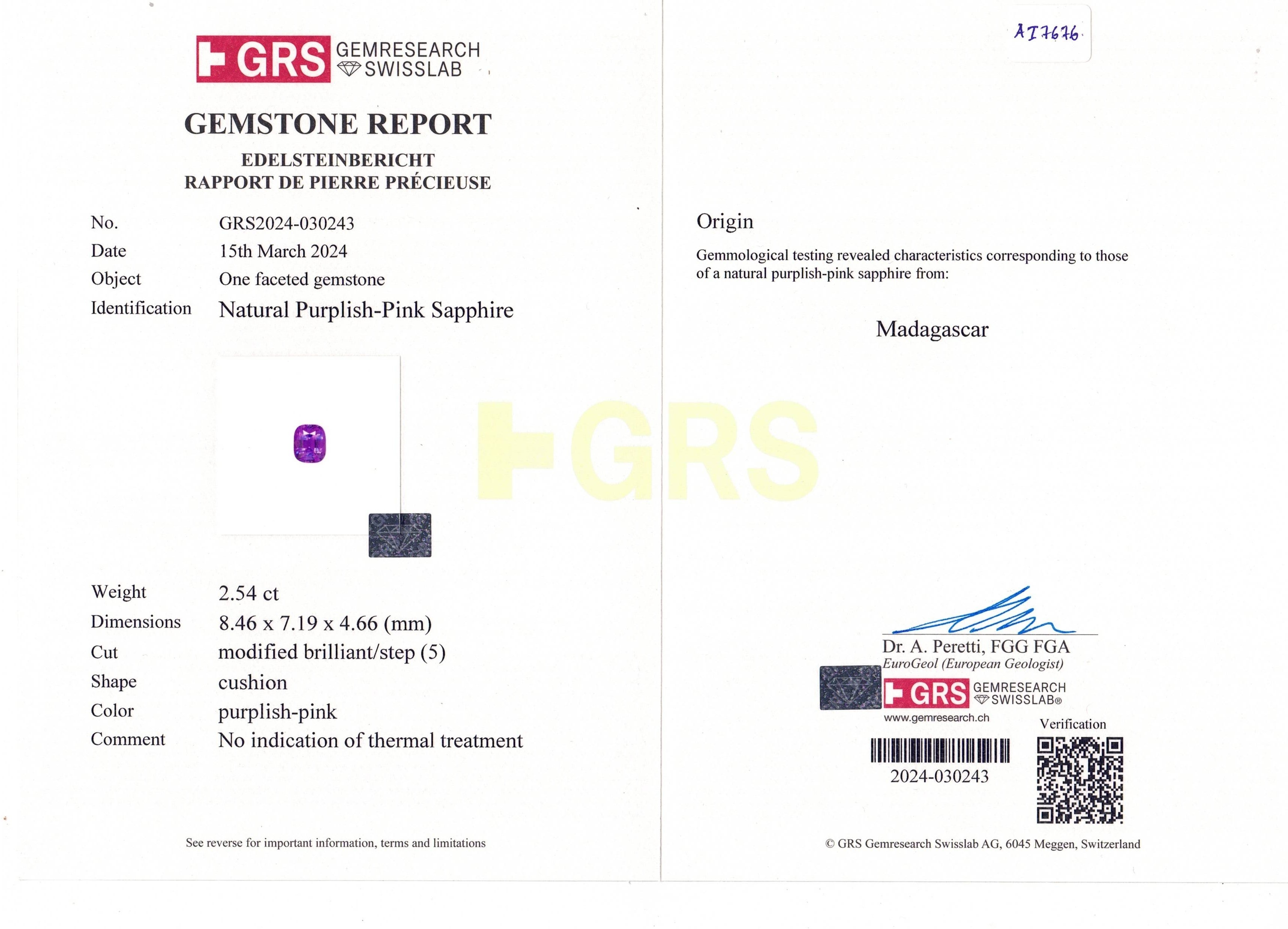 2.54 Ct. Pinkish Purple Sapphire from Madagascar