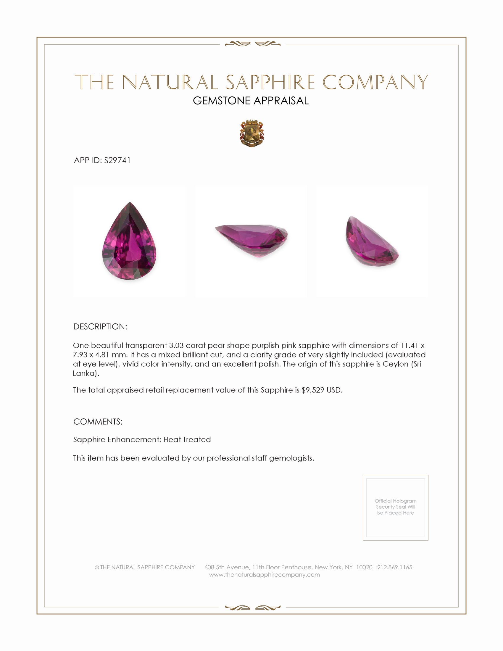 3.03 Ct. Purplish Pink Sapphire from Ceylon (Sri Lanka)