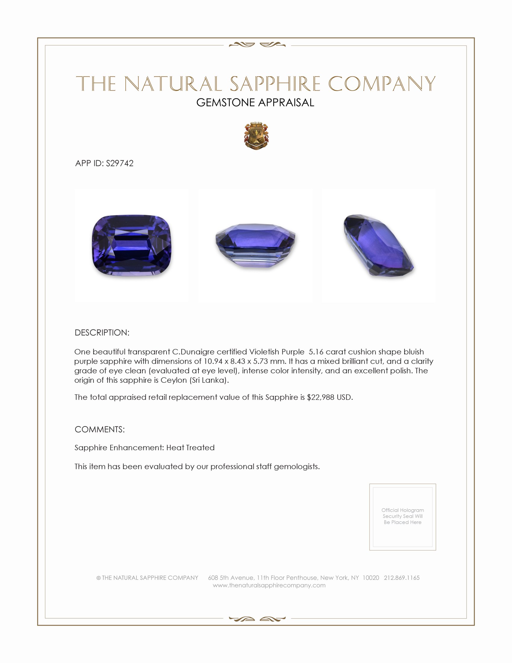 5.16 Ct. Bluish Purple Sapphire from Ceylon (Sri Lanka)