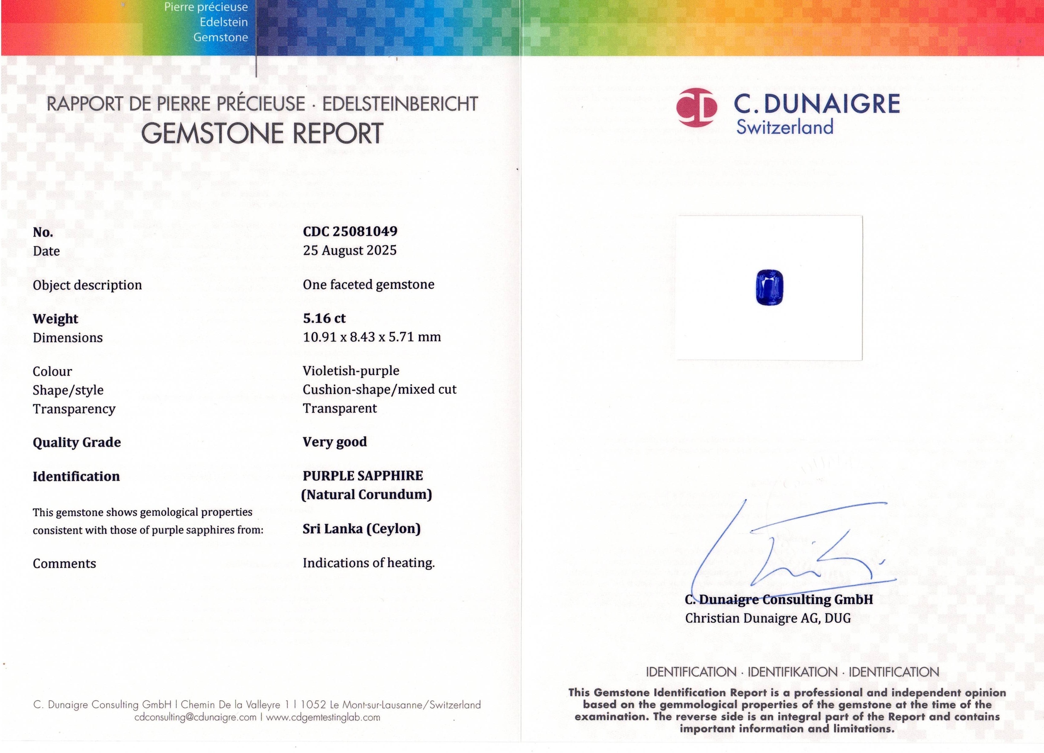 5.16 Ct. Bluish Purple Sapphire from Ceylon (Sri Lanka)