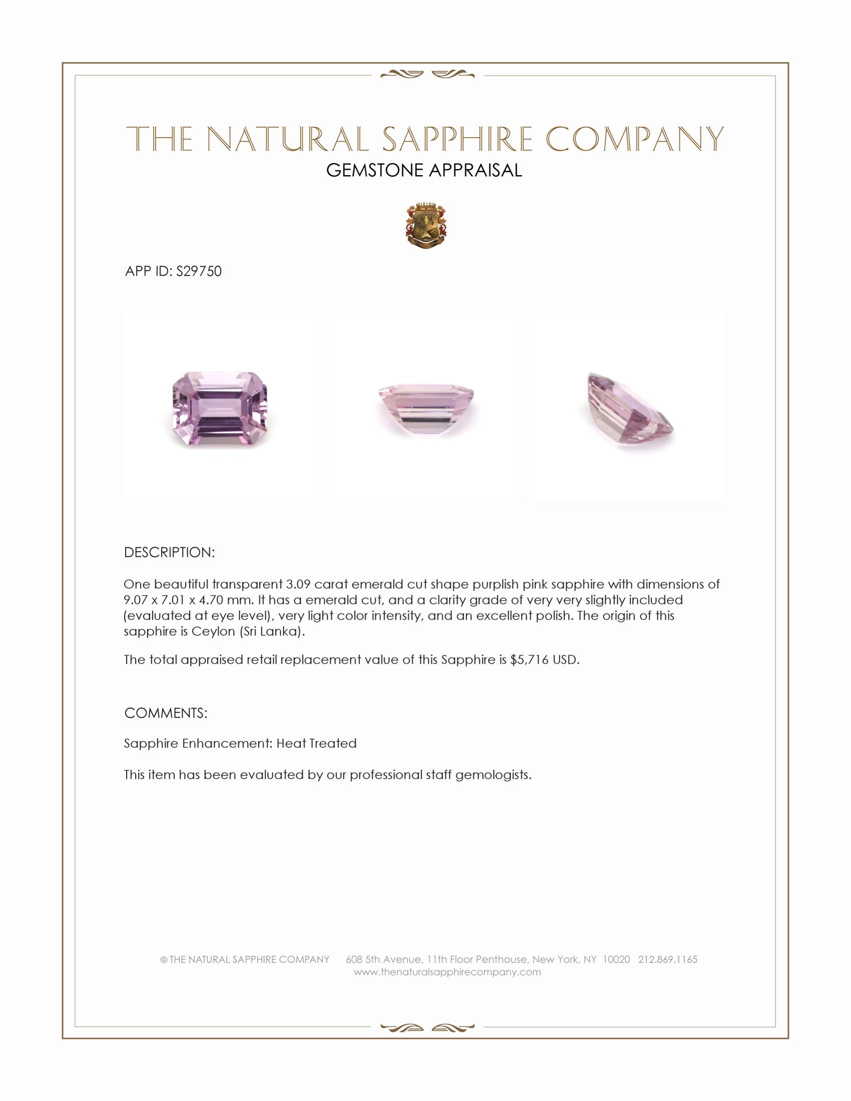 3.09 Ct. Purplish Pink Sapphire from Ceylon (Sri Lanka)
