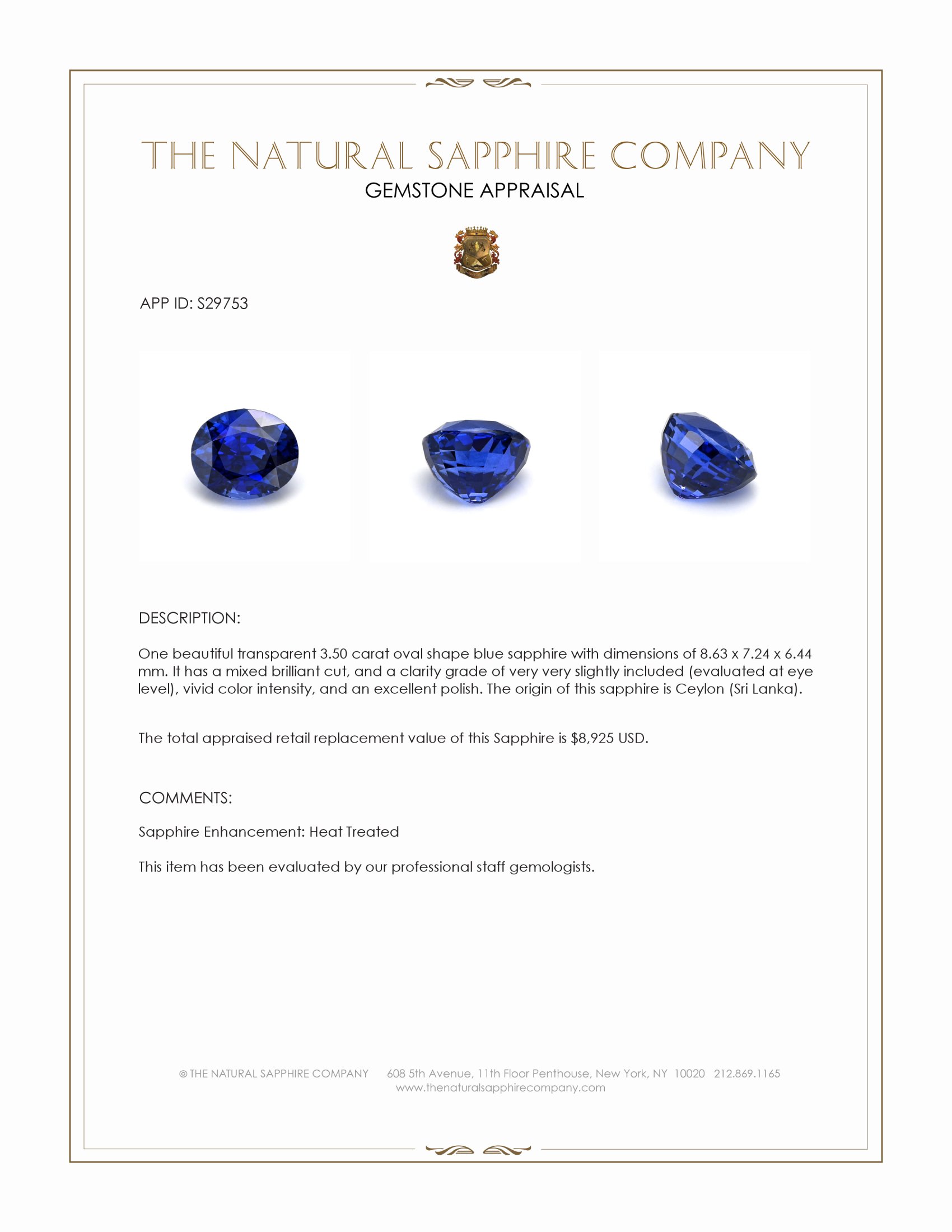 3.50 Ct. Blue Sapphire from Ceylon (Sri Lanka)