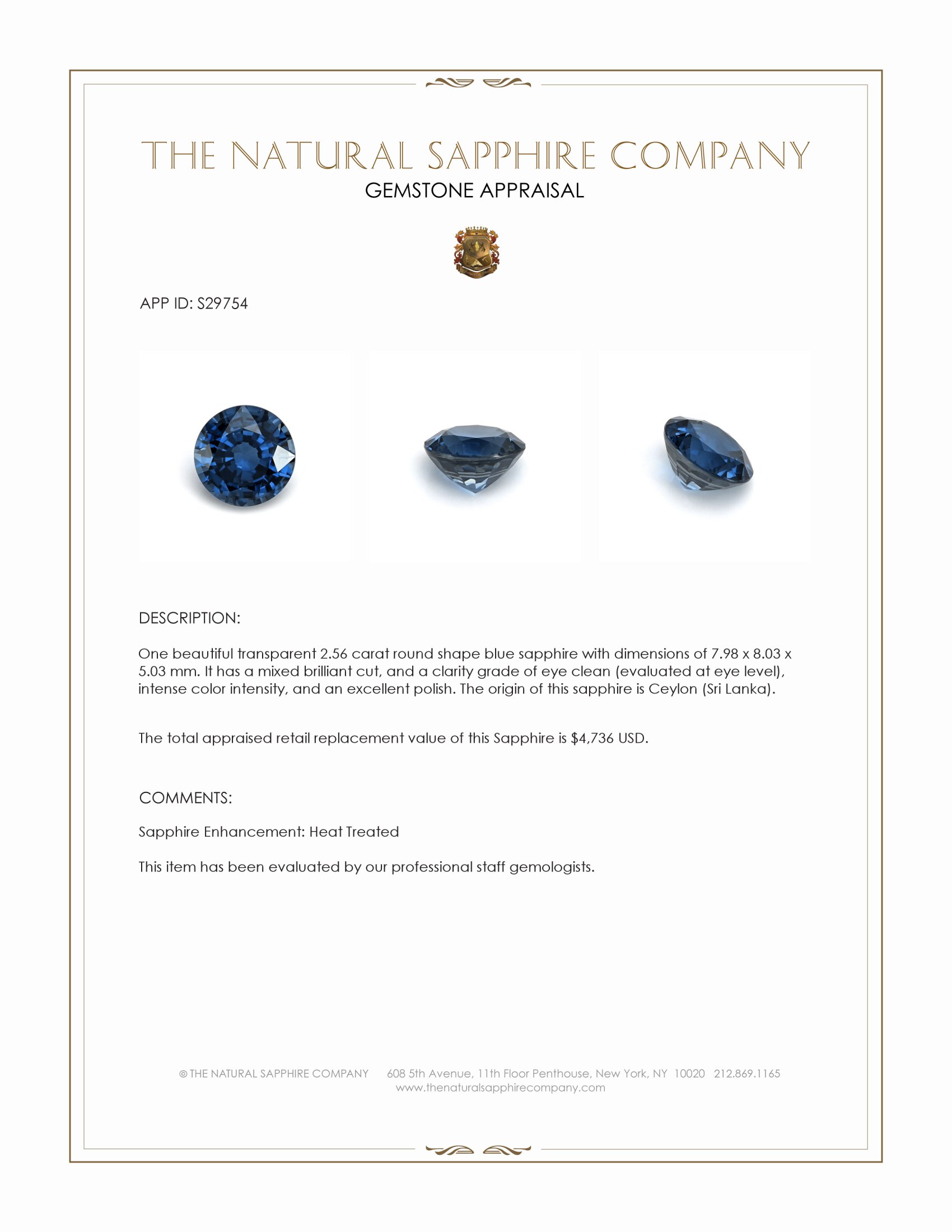 2.56 Ct. Blue Sapphire from Ceylon (Sri Lanka)