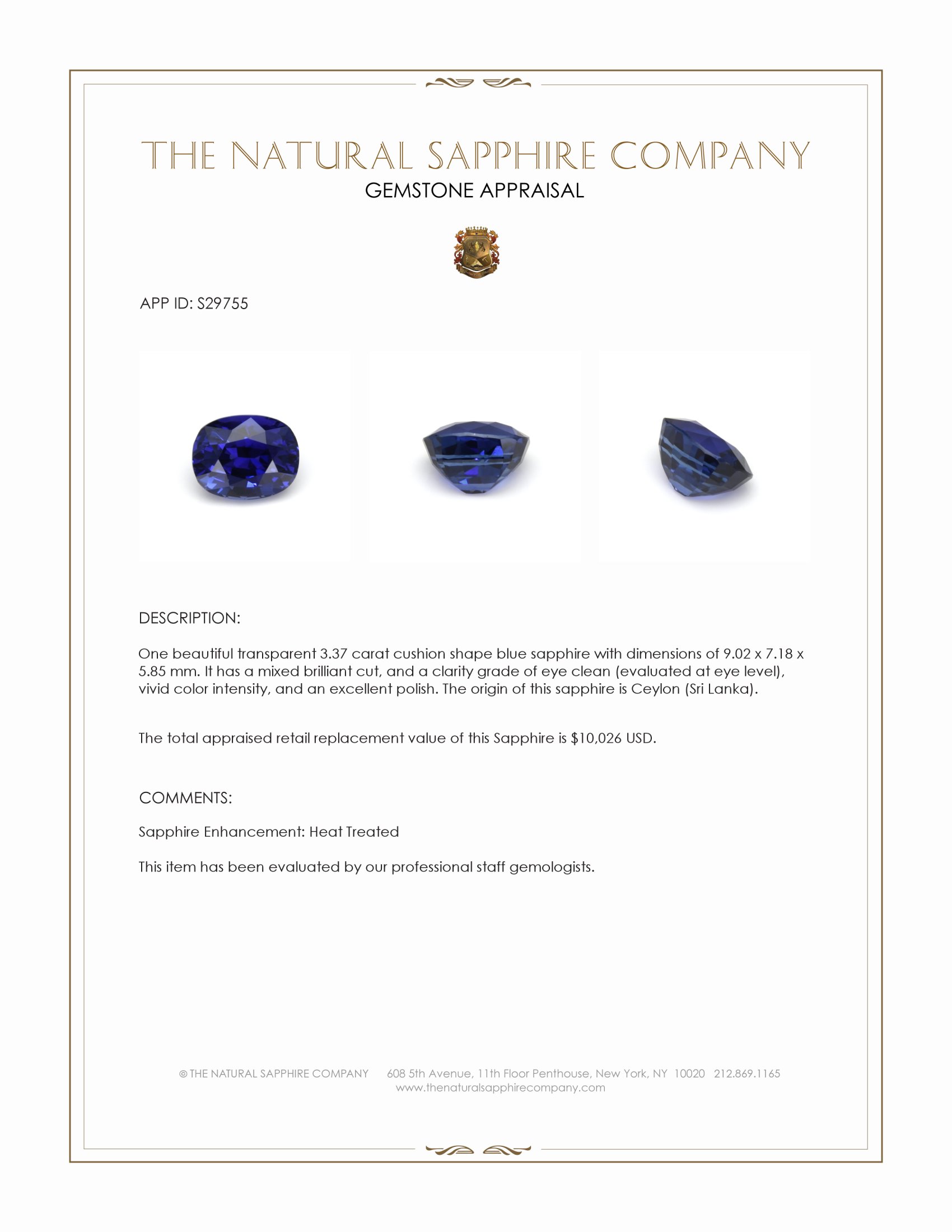 3.37 Ct. Blue Sapphire from Ceylon (Sri Lanka)