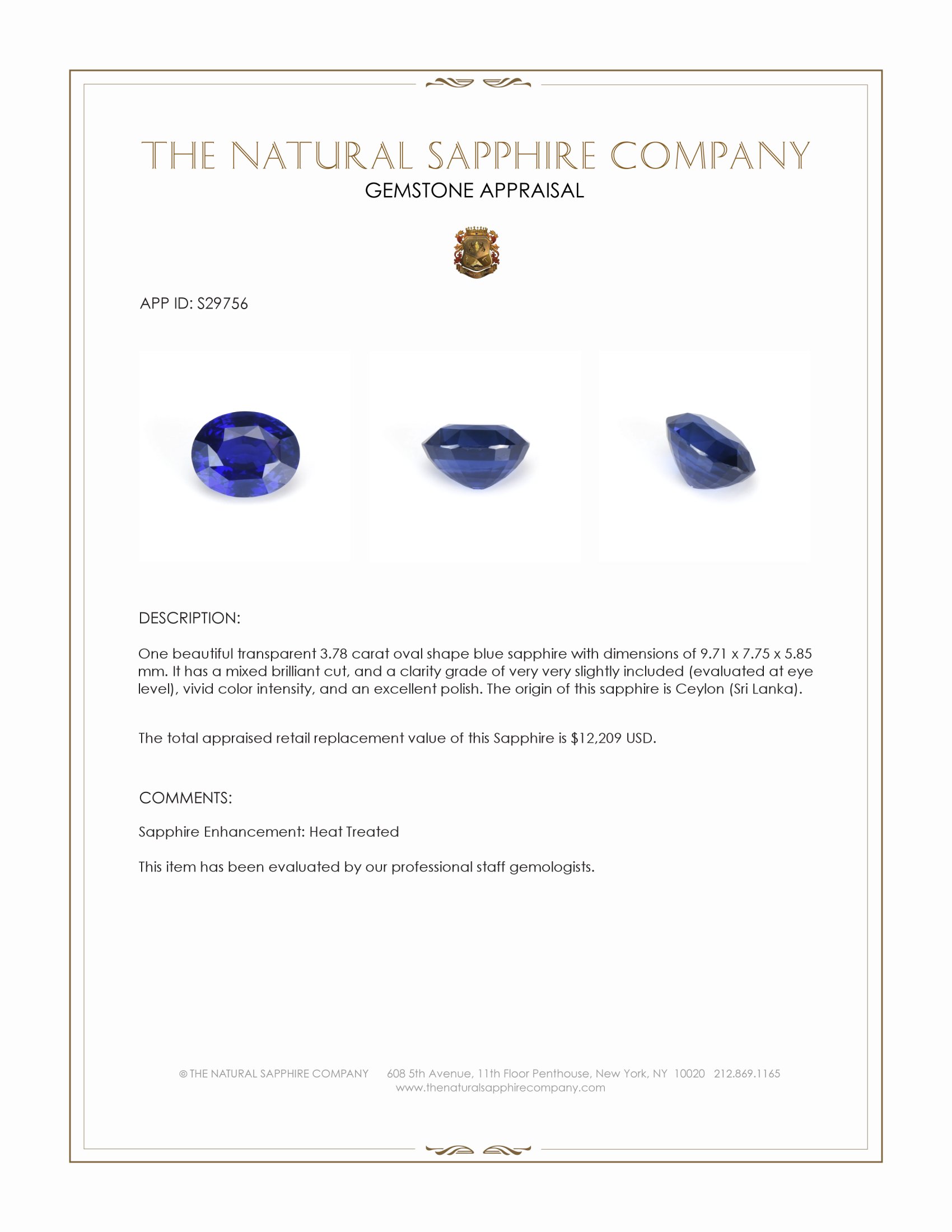 3.78 Ct. Blue Sapphire from Ceylon (Sri Lanka)
