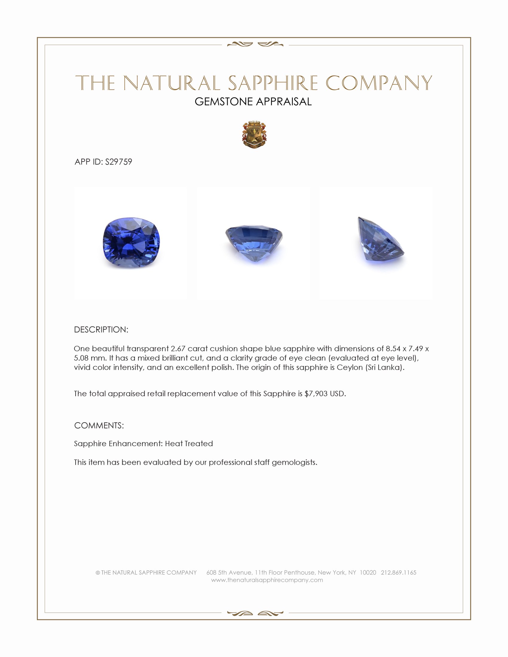 2.67 Ct. Blue Sapphire from Ceylon (Sri Lanka)