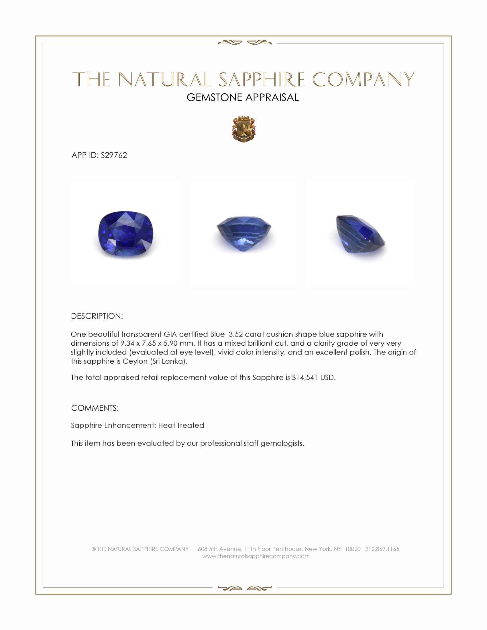 3.52 Ct. Blue Sapphire from Ceylon (Sri Lanka)