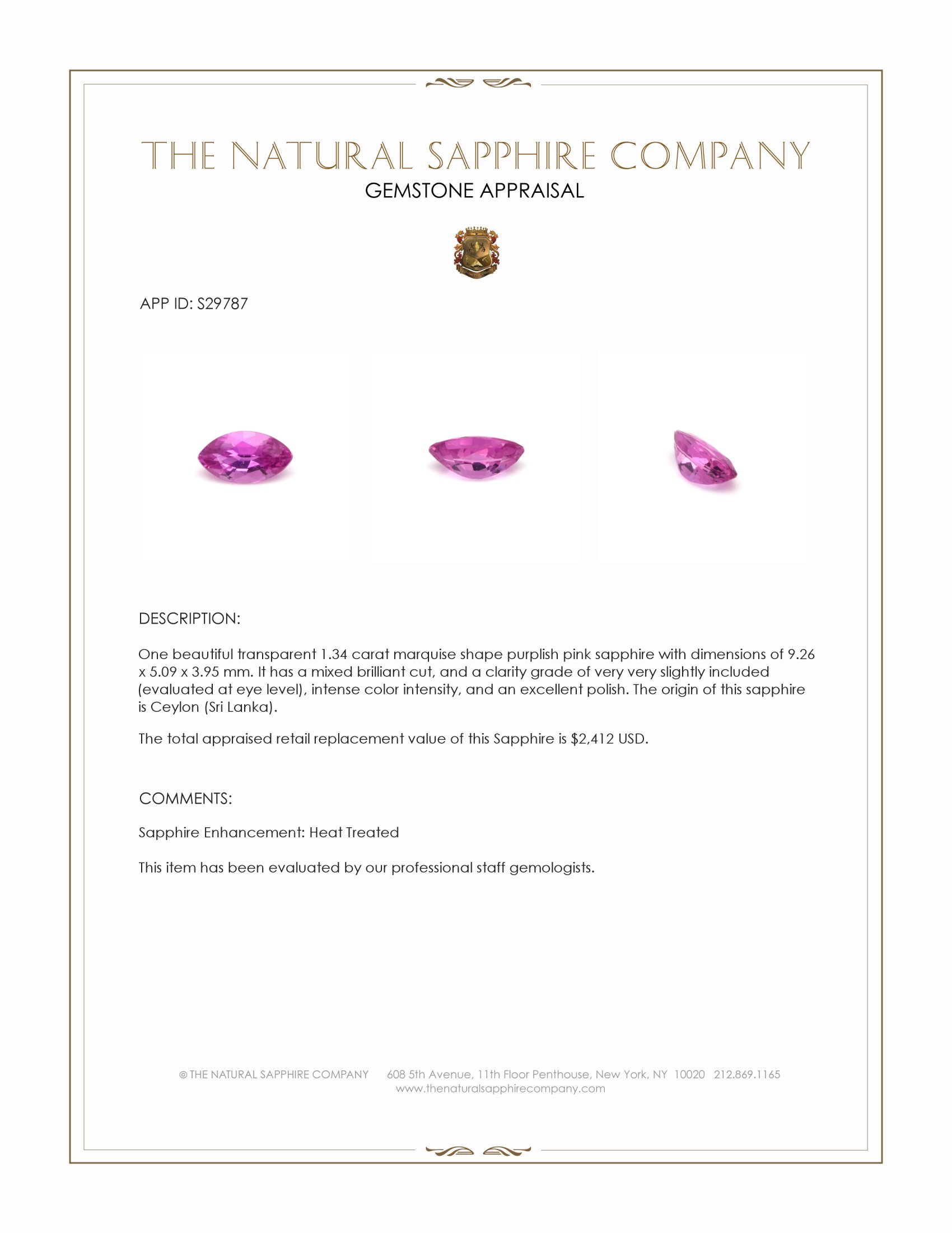 1.34 Ct. Purplish Pink Sapphire from Ceylon (Sri Lanka)