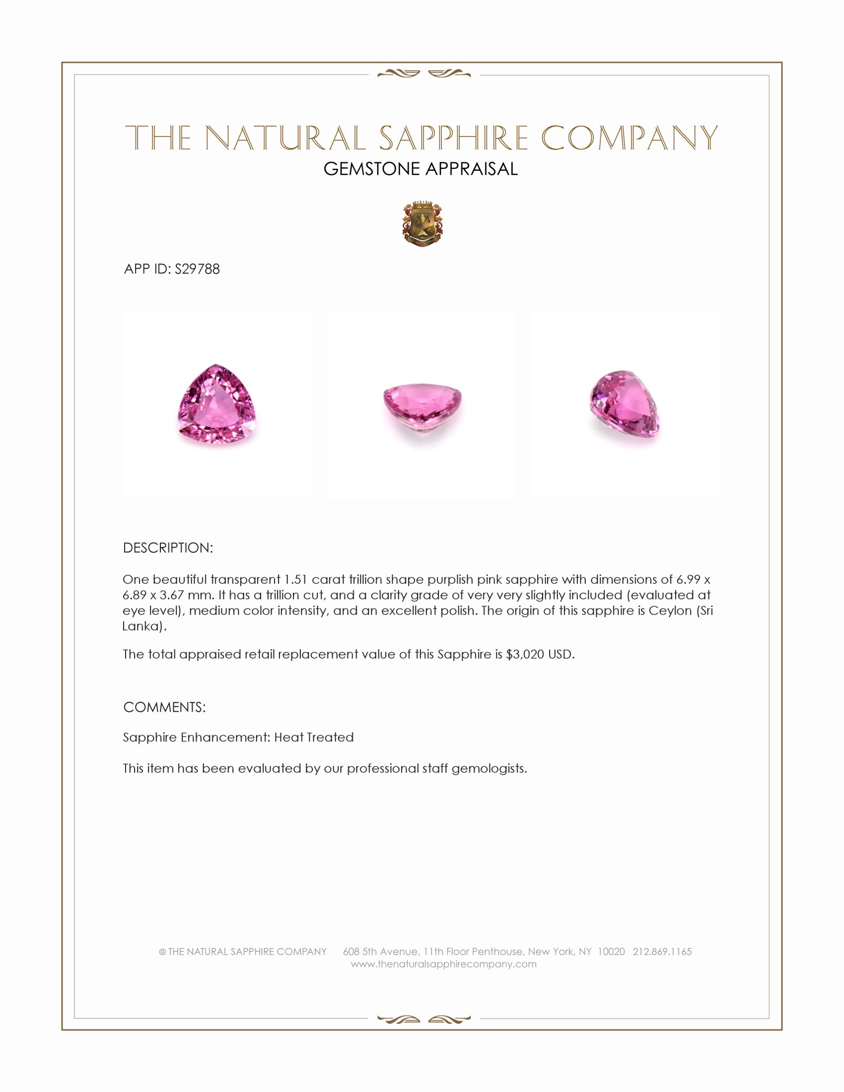 1.51 Ct. Purplish Pink Sapphire from Ceylon (Sri Lanka)