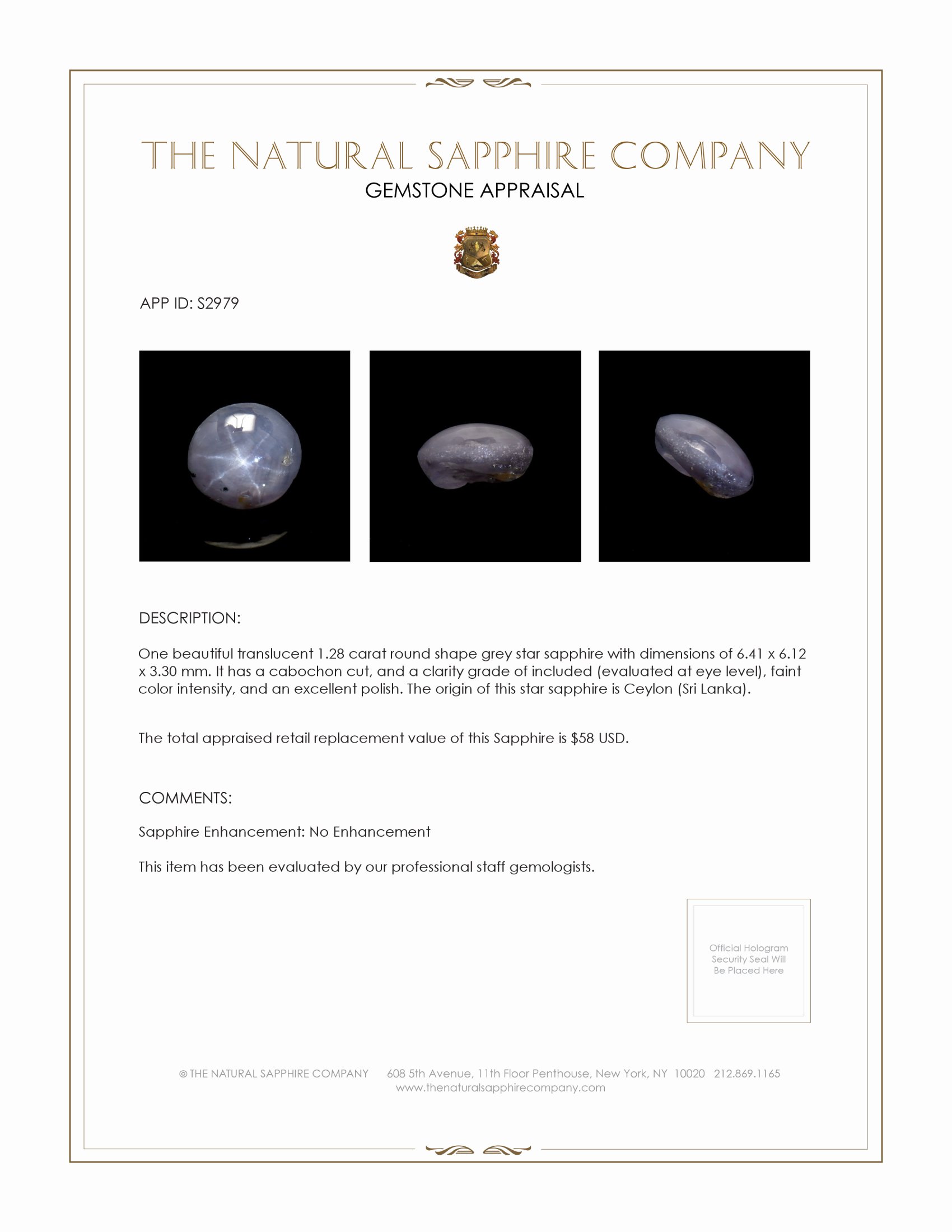 1.28 Ct. Grey Star Sapphire from Ceylon (Sri Lanka)