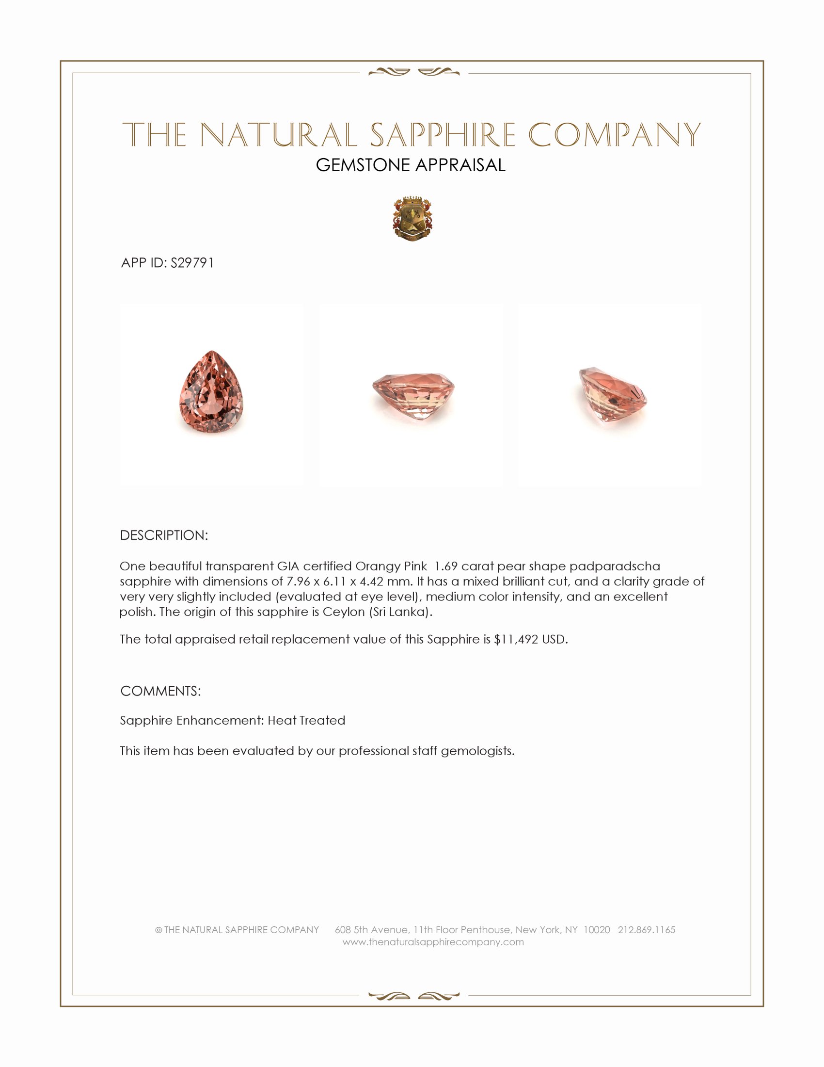 1.69 Ct. Padparadscha Sapphire from Ceylon (Sri Lanka)