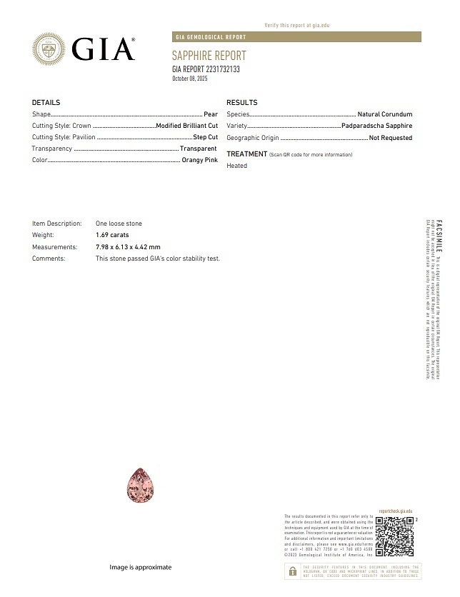 1.69 Ct. Padparadscha Sapphire from Ceylon (Sri Lanka)