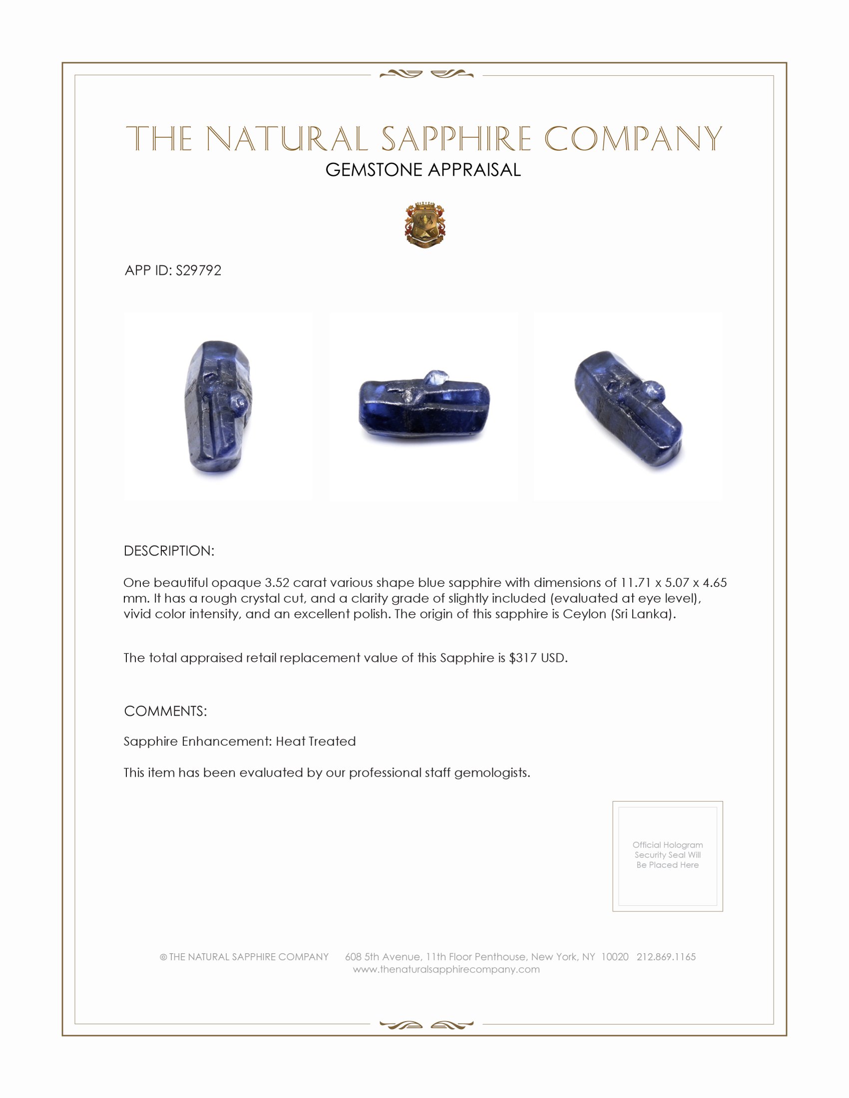 3.52 Ct. Blue Sapphire Crystal from Ceylon (Sri Lanka)