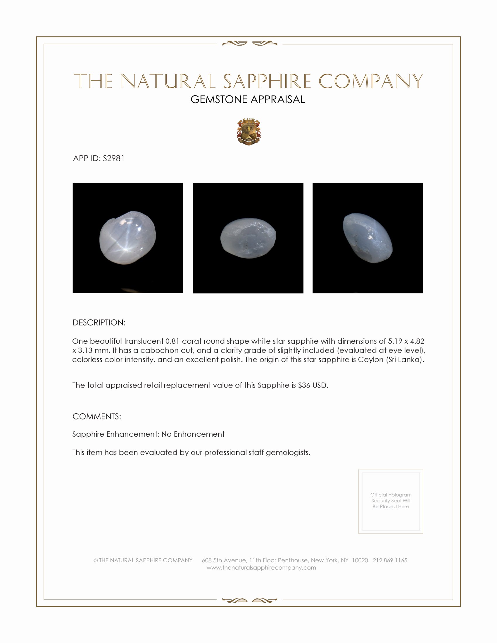 0.81 Ct. White Star Sapphire from Ceylon (Sri Lanka)