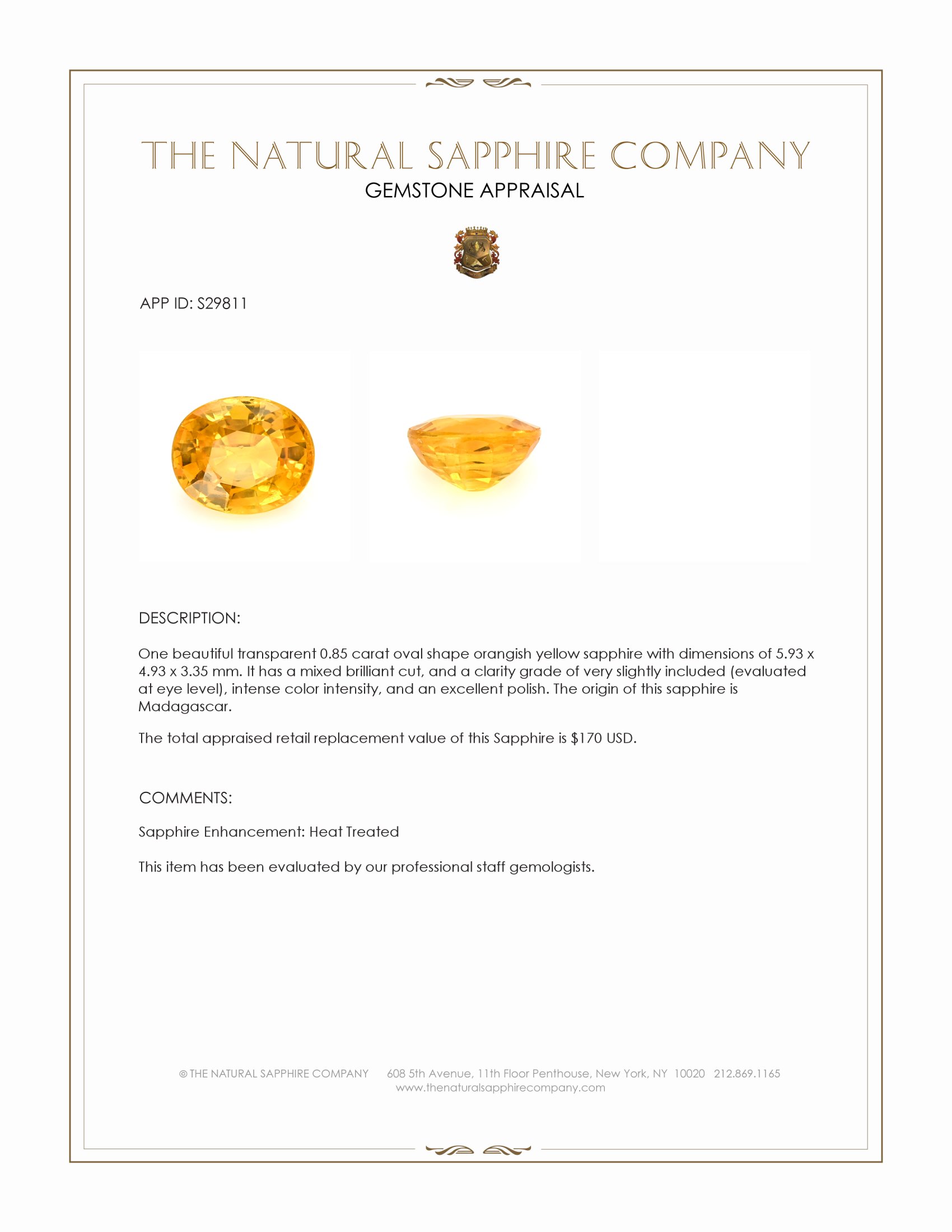 0.85 Ct. Orangish Yellow Sapphire from Madagascar