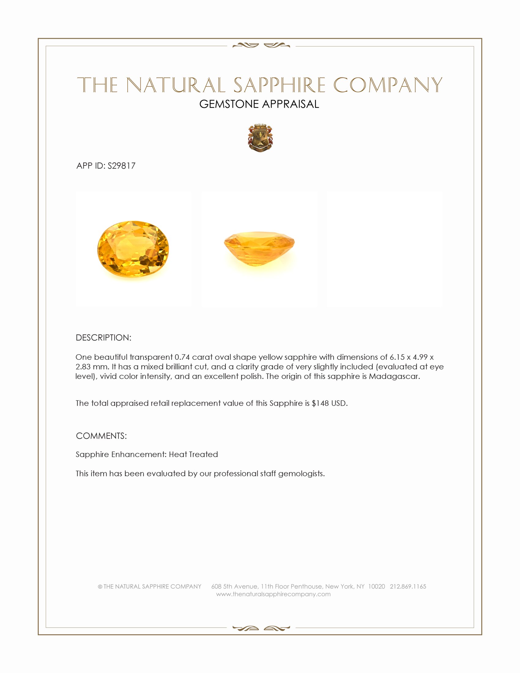 0.74 Ct. Orangish Yellow Sapphire from Madagascar