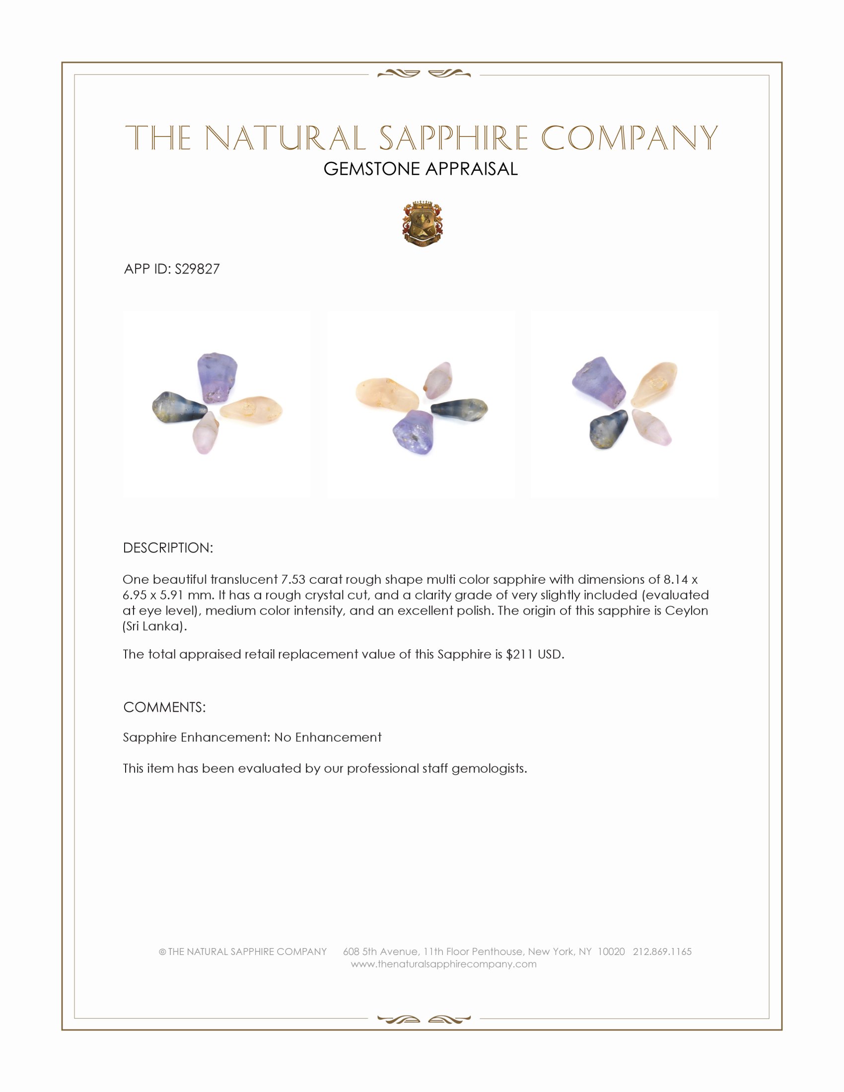 7.53 Ct. Multi Color Rough Sapphire Crystal from Ceylon (Sri Lanka)