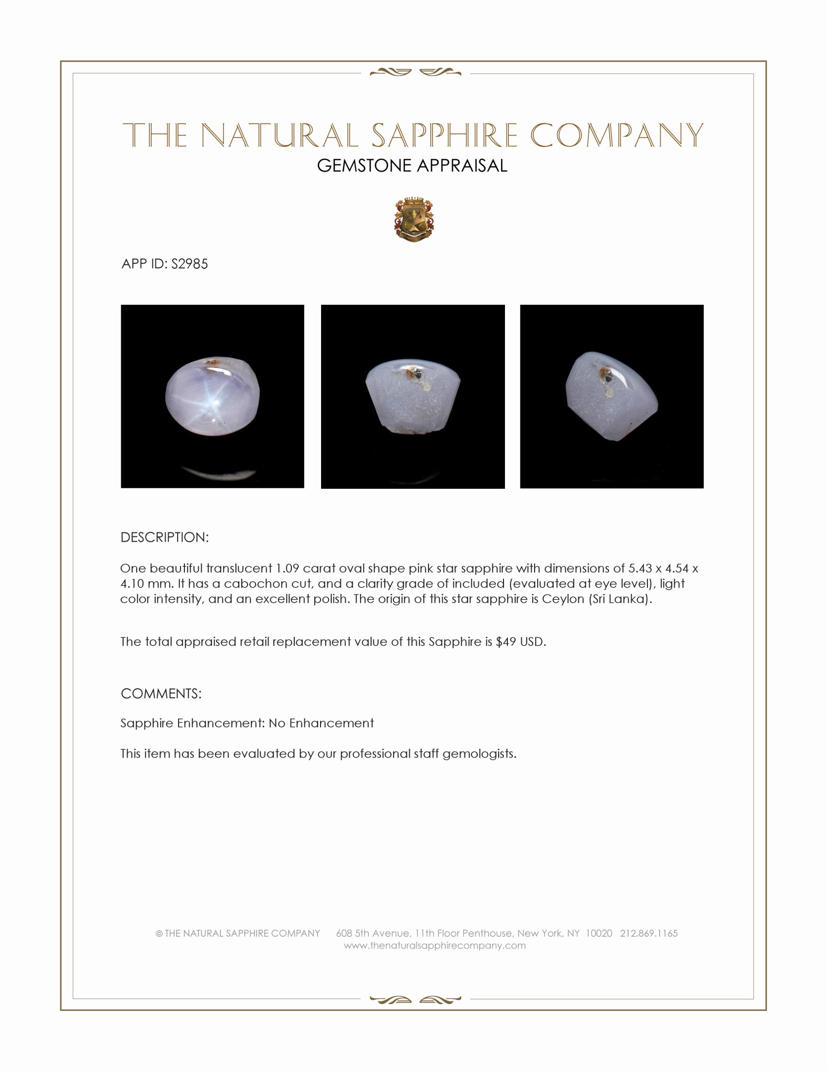 1.09 Ct. Pink Star Sapphire from Ceylon (Sri Lanka)