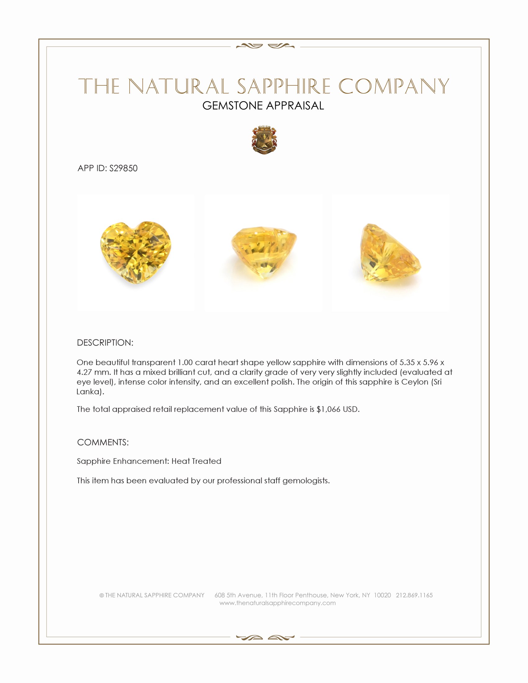 1.00 Ct. Yellow Sapphire from Ceylon (Sri Lanka)