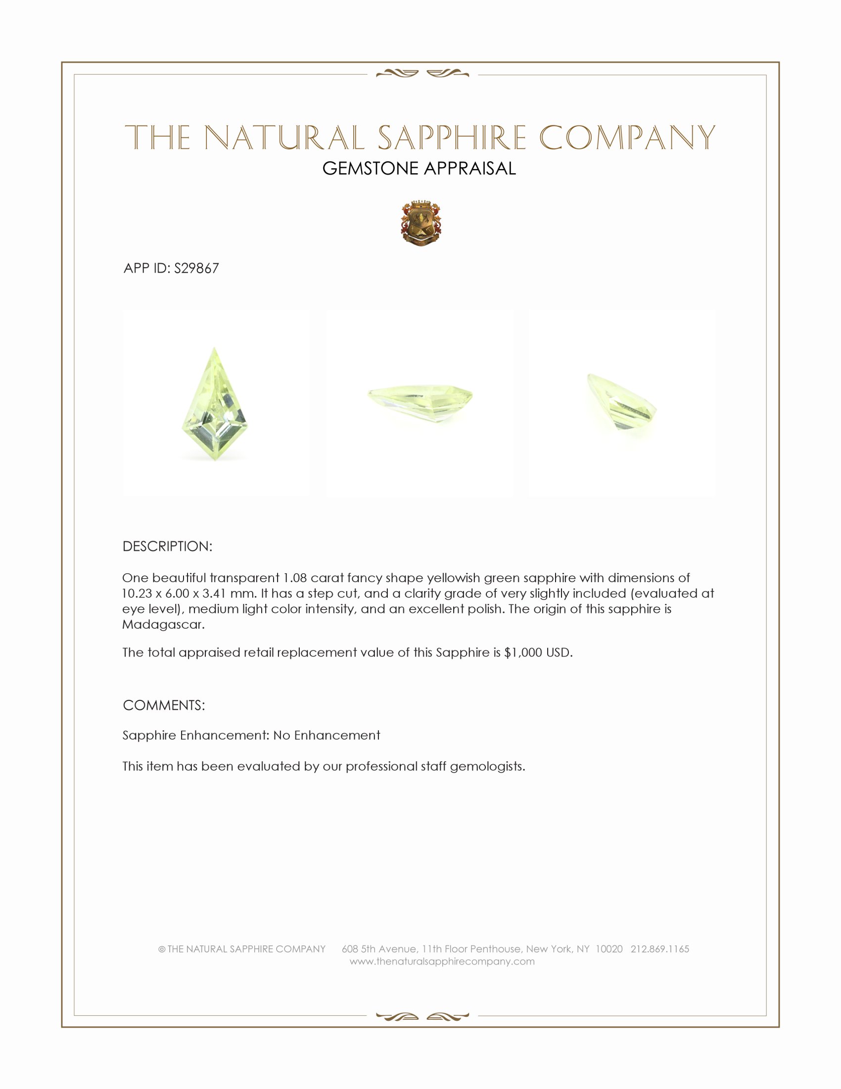 1.08 Ct. Yellowish Green Sapphire from Madagascar